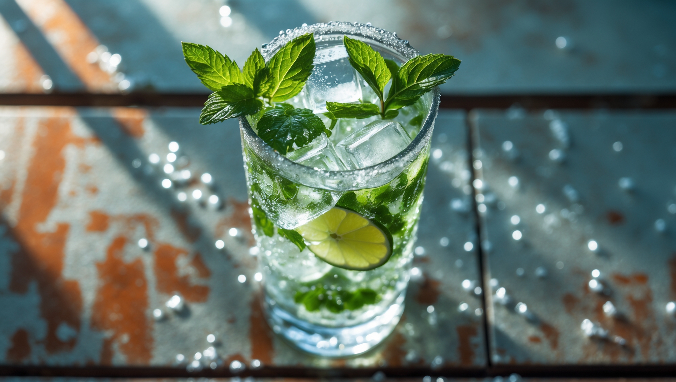 An overhead shot of a tall, slender highball glass filled with a crystal-clear gin mojito, ice cubes glistening through the glass. Fresh mint sprigs burst from the top, alongside a partially submerged lime wedge. Tiny bubbles rise through the drink, catching the natural window light that casts slight shadows across a weathered wooden bar top. Beads of condensation run down the glass, highlighting the drink's refreshing nature. Small fragments of muddled mint are suspended throughout the cocktail, with crushed ice creating a frost at the glass rim.