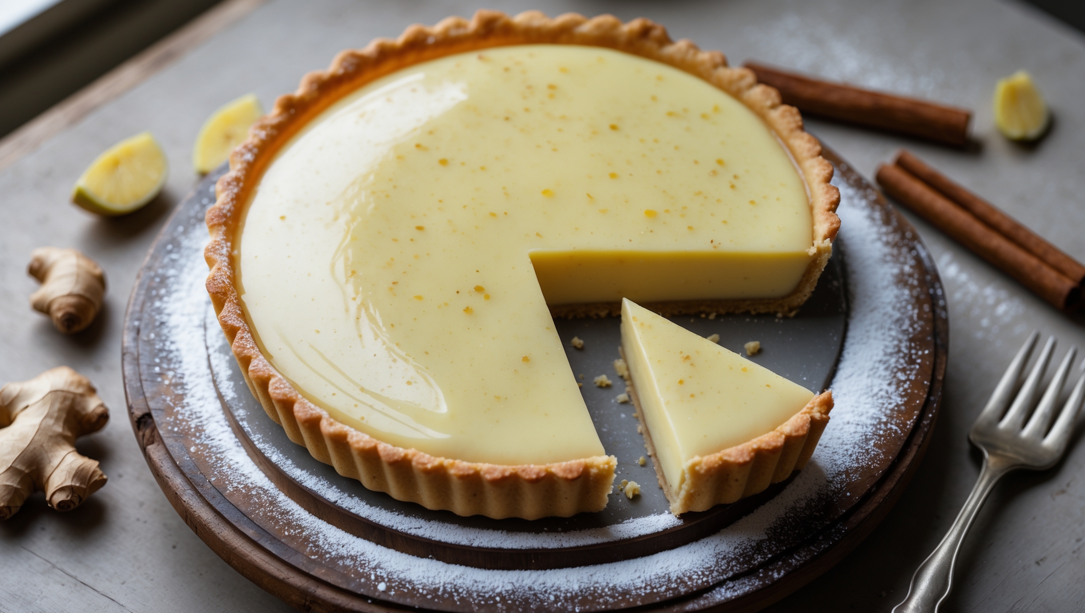 An overhead shot of a perfectly golden Ginger Custard Tart resting on a weathered wooden cake stand, with a slice being lifted to reveal the silky, pale yellow custard filling speckled with tiny flecks of fresh ginger. The pastry edge is crisp and flaky with a deep amber hue, while the custard surface has a slight wobble and shine under soft natural window light. Surrounding the tart are scattered fresh ginger pieces, cinnamon sticks, and a dusting of powdered sugar that highlights the tart's delicate surface. A vintage silver dessert fork rests beside a small plate with a slice, showing the clean layers between the crisp base and creamy filling.