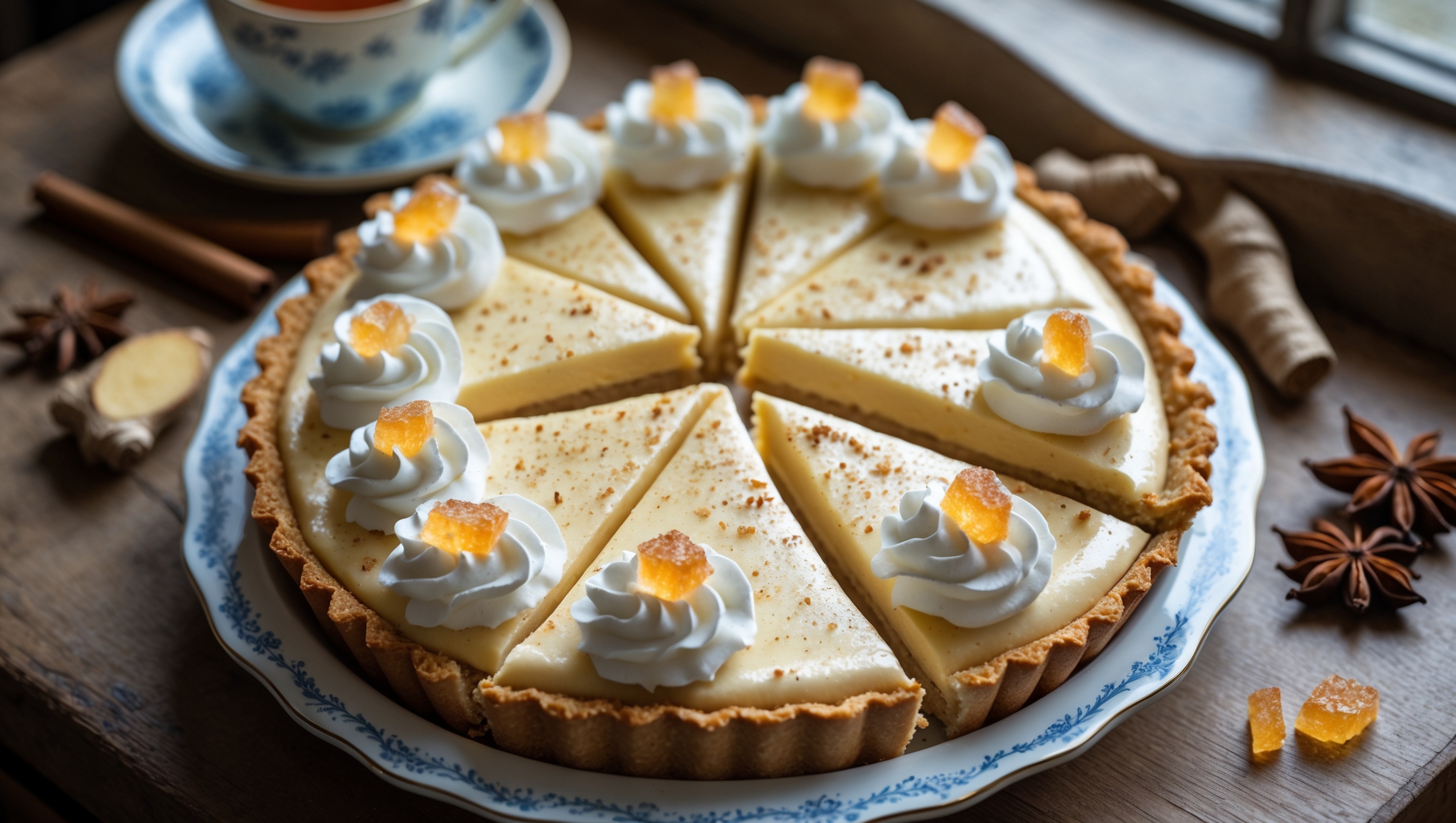 An overhead shot of a perfectly sliced ginger cream pie reveals its silky, pale golden filling speckled with warm spices against a crisp, golden-brown crust. Captured in soft natural light streaming through a kitchen window, the pie sits on a vintage ceramic plate with delicate blue detailing. A generous swirl of whipped cream adorns each slice, topped with small pieces of crystallized ginger that glisten like jewels. In the background, a steaming cup of tea and scattered whole spices—star anise, cinnamon sticks, and fresh ginger root—create a cozy composition. The cross-section reveals the contrast between the sturdy pastry base and the cloud-like filling, with tiny flecks of ginger visible throughout the creamy interior.