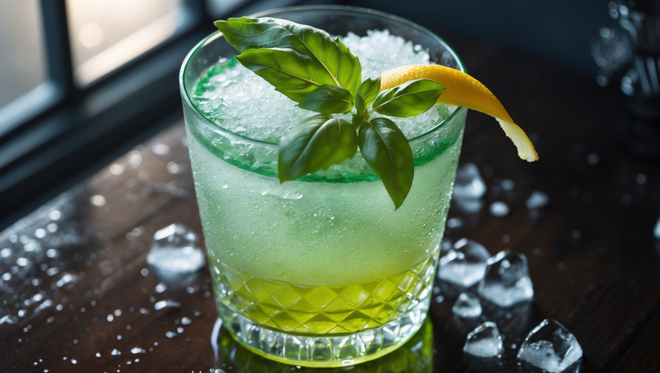 A crystal-clear rocks glass capturing the distinctive emerald-green hue of the Gin Basil Smash, backlit by soft window light that illuminates the fine basil particles suspended throughout the cocktail. Crushed ice creates a frosty exterior while fresh basil leaves rest atop the drink alongside a twisted lemon peel. Tiny beads of condensation form on the exterior of the glass, suggesting refreshing coldness, while the subtle gradient from pale yellow at the bottom to deeper green near the top showcases the proper muddling technique. A dramatic overhead shot reveals the drink's vivid color against a dark wooden bar surface.