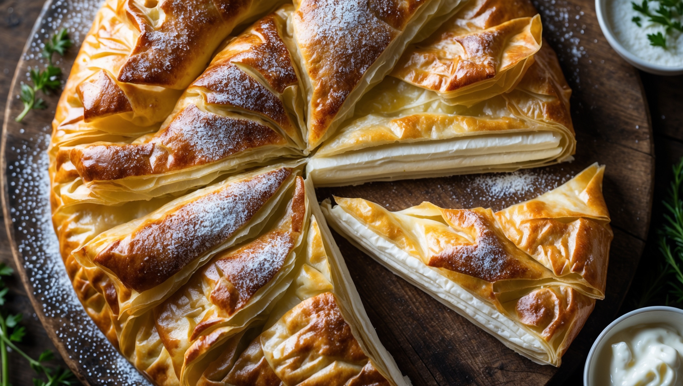 An overhead shot of a golden-brown Gibanica with its characteristic rippled surface, showing where the phyllo layers have crisped and bubbled during baking. The cross-section reveals distinct layers of flaky pastry alternating with creamy white cheese filling, set against a rustic wooden serving board. Soft natural light highlights the textural contrast between the crispy exterior and the soft, melty interior. A slice being pulled away showcases the stretchy cheese strands, while a light dusting of powdered sugar adds a touch of elegance. Fresh herbs and a small pot of sour cream sit nearby, complementing the traditional presentation of this beloved Balkan comfort food.