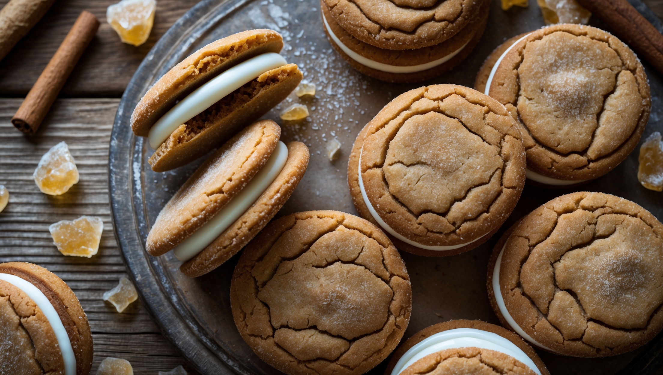 An overhead shot of ginger creme sandwich cookies arranged in a casual spiral pattern on a weathered wooden board, with a few broken in half to reveal the creamy white filling contrasting against the rich, amber-colored cookies. Soft natural light highlights the crackled surfaces and sugar-dusted edges of the cookies, while scattered pieces of crystallized ginger and cinnamon sticks create visual context. The close-up details capture both the ginger-speckled cookie texture and the smooth, pillowy creme filling, with one cookie being pulled apart to show the perfect stretch of the filling between the two halves.