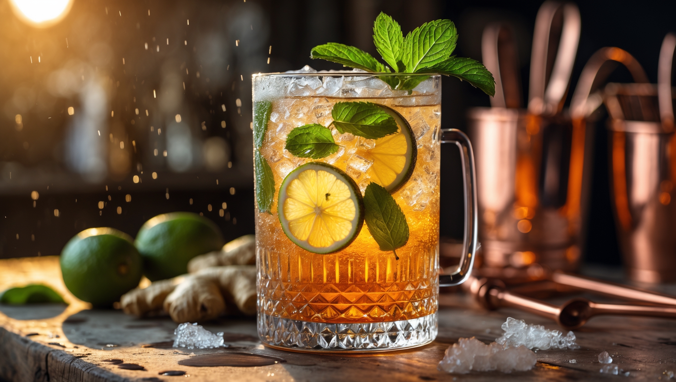 A crystal highball glass showcases the Gin-Gin Mule's sparkling amber liquid, with soft golden hour light filtering through, highlighting the suspended mint leaves and lime wedges. Condensation beads down the sides, while crushed ice creates a frosty top layer. The drink sits atop a rustic wooden bar alongside fresh ginger and whole limes, with copper bar tools positioned nearby - a nod to the traditional Moscow Mule serving style. A mint sprig extends dramatically above the rim, bringing a pop of vibrant green against the cocktail's honey-amber hues.