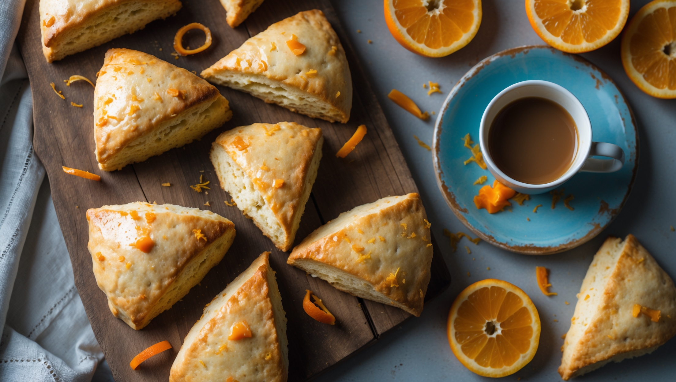An overhead shot of golden-brown triangular orange scones arranged on a rustic wooden board, with several displaying their perfect height and flaky layers. A cross-section view reveals a light, tender crumb studded with specks of vibrant orange zest. Soft natural morning light highlights the glossy orange glaze dripping down the sides, while scattered orange zest and sliced fresh oranges complement the scene. One scone sits broken open, exposing the delicate interior texture against the slightly crisp exterior. A vintage blue ceramic plate holds a perfectly glazed scone paired with a steaming cup of coffee, suggesting the ideal breakfast pairing.
