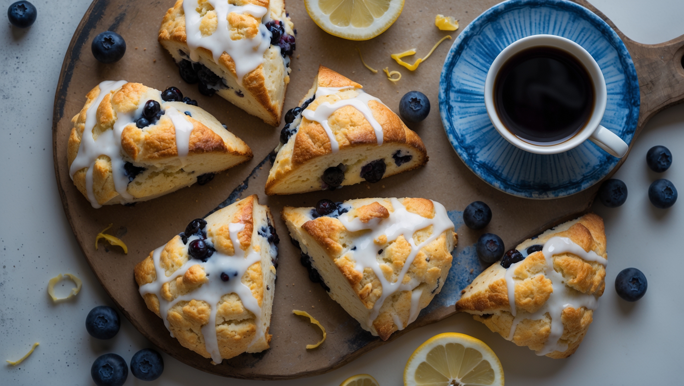 An overhead shot of golden-brown blueberry scones arranged on a rustic wooden board, with one scone broken in half to reveal pockets of bursting blueberries and a tender, flaky interior. The bright white lemon glaze drips elegantly down the sides, creating striking contrast against the caramelized exterior. Scattered fresh blueberries and lemon zest surround the arrangement, while natural diffused morning light highlights the sugar crystals sparkling on top. A vintage blue ceramic plate holds a single perfect scone beside a steaming cup of coffee, suggesting the perfect pairing for this Starbucks-inspired breakfast treat.