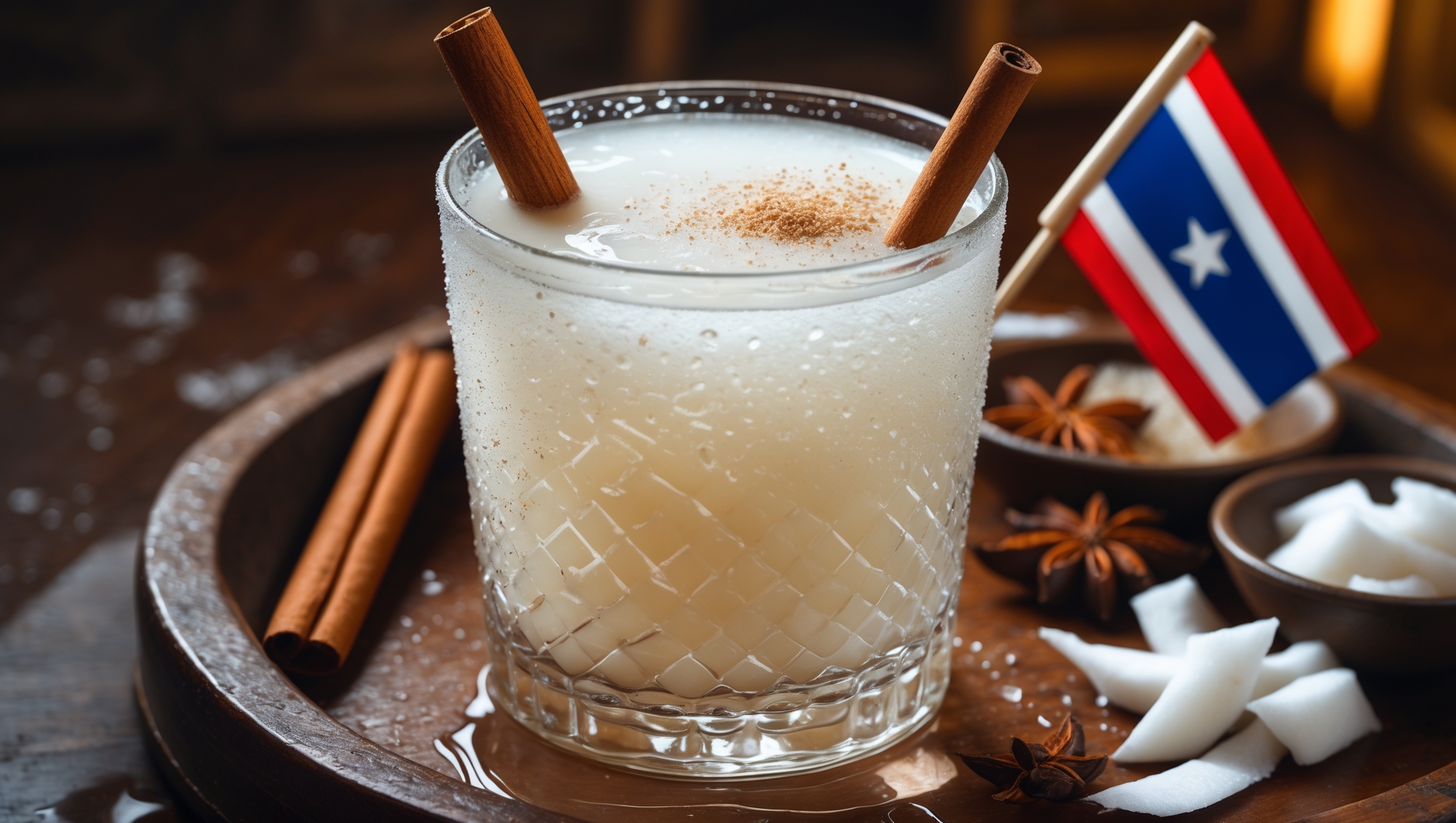 A chilled highball glass filled with creamy white Coquito, capturing the drink's luxurious texture against warm, ambient lighting. Condensation beads form on the glass's exterior, signaling refreshing coldness. A cinnamon stick protrudes from the glass alongside a light dusting of freshly grated nutmeg on the surface. The crystalline coconut-white liquid showcases tiny vanilla bean flecks, while a small Puerto Rican flag cocktail pick adds authenticity. A vintage wooden serving tray holds the glass alongside small bowls of cinnamon sticks, star anise, and fresh coconut shavings, emphasizing the drink's spiced Caribbean heritage.