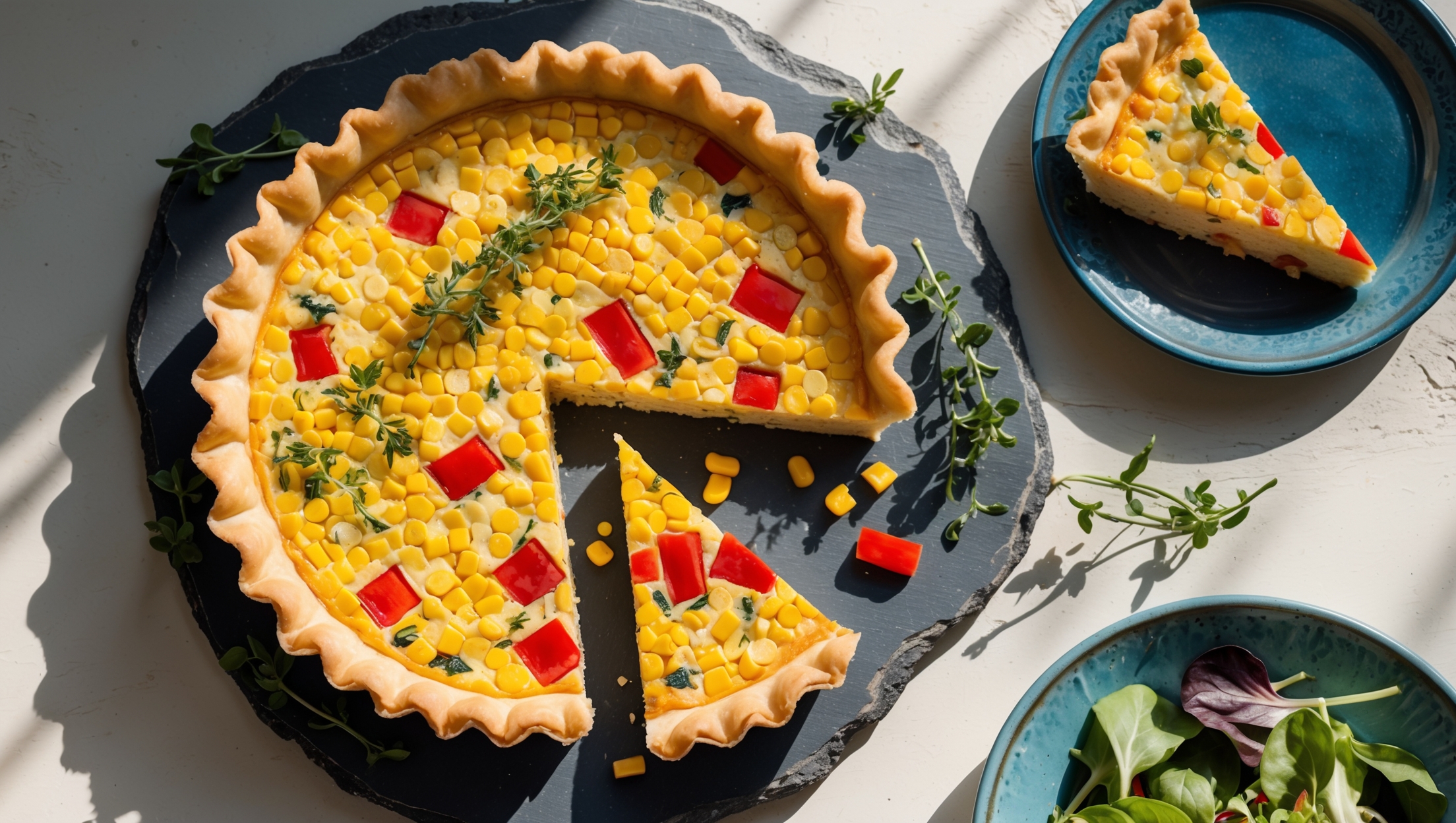 An overhead shot of the golden-brown Corn and Red Pepper Quiche resting on a weathered slate serving board, with a wedge cut to reveal the vibrant filling. Soft natural light streams in from a side window, highlighting the contrast between the flaky pastry edge and the sunny yellow corn kernels nestled alongside ruby-red pepper pieces in the creamy custard. The quiche is garnished with fresh thyme sprigs and surrounded by scattered corn kernels and diced red peppers. A vintage blue ceramic plate holds a served slice, showcasing the perfect clean cut and set filling texture, with a small garden salad of mixed greens visible at the edge of the frame.