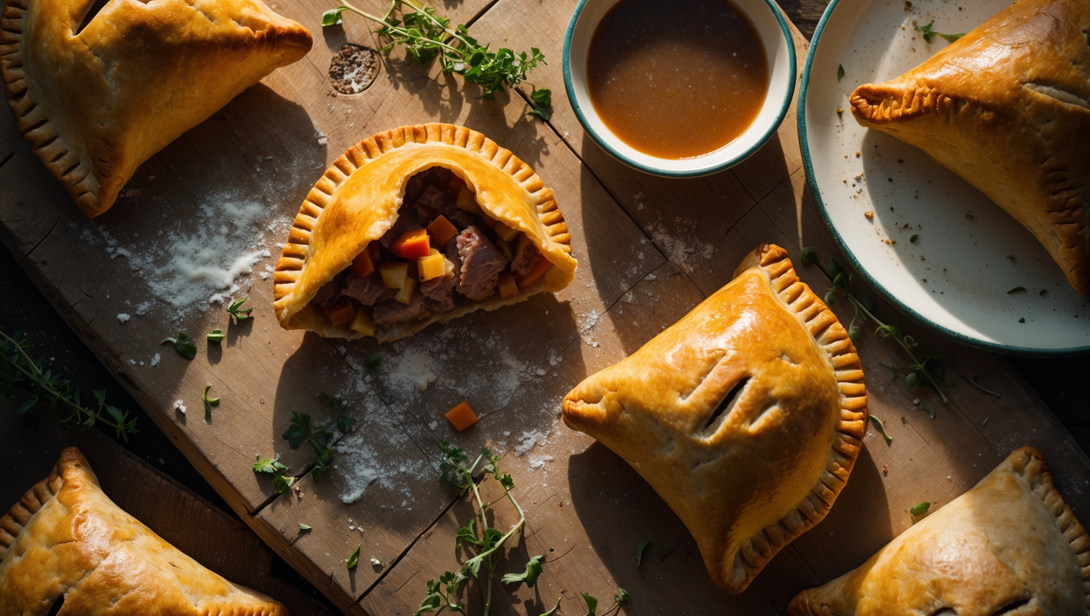An overhead shot of rustic Cornish pasty-style hand pies arranged on a weathered wooden board, their golden-brown crusted exteriors glistening under soft natural light. A cross-section of one pie reveals the steam rising from the perfectly cooked filling of tender beef chunks and colorful diced vegetables. Scattered around the board are remnants of fresh thyme, cracked black pepper, and a light dusting of flour, while a vintage enamel plate holds a single hand pie next to a small pot of gravy. The distinctive crimped edge of each pasty creates beautiful shadows against the deep amber crust, highlighting the traditional handiwork of this hearty comfort food.
