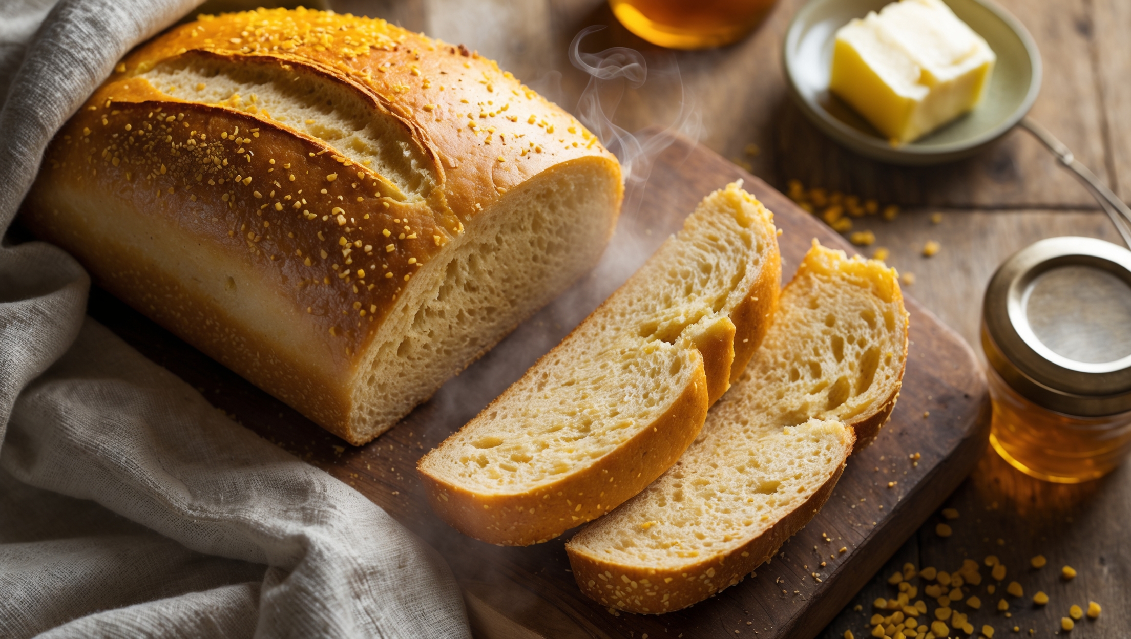 An overhead shot of freshly-baked cornmeal sandwich bread showcases its golden-yellow crust with a slight cornmeal dusting. A cross-section view reveals the bread's tight, even crumb structure with tiny yellow cornmeal specks throughout. The loaf sits on a rustic wooden cutting board with a linen tea towel, partially sliced to reveal its soft, tender interior. Shot in warm natural light that highlights the bread's golden tones, with a butter dish, honey jar, and scattered cornmeal adding contextual elements. Steam rises subtly from the freshly-cut slice, suggesting warmth and freshness.