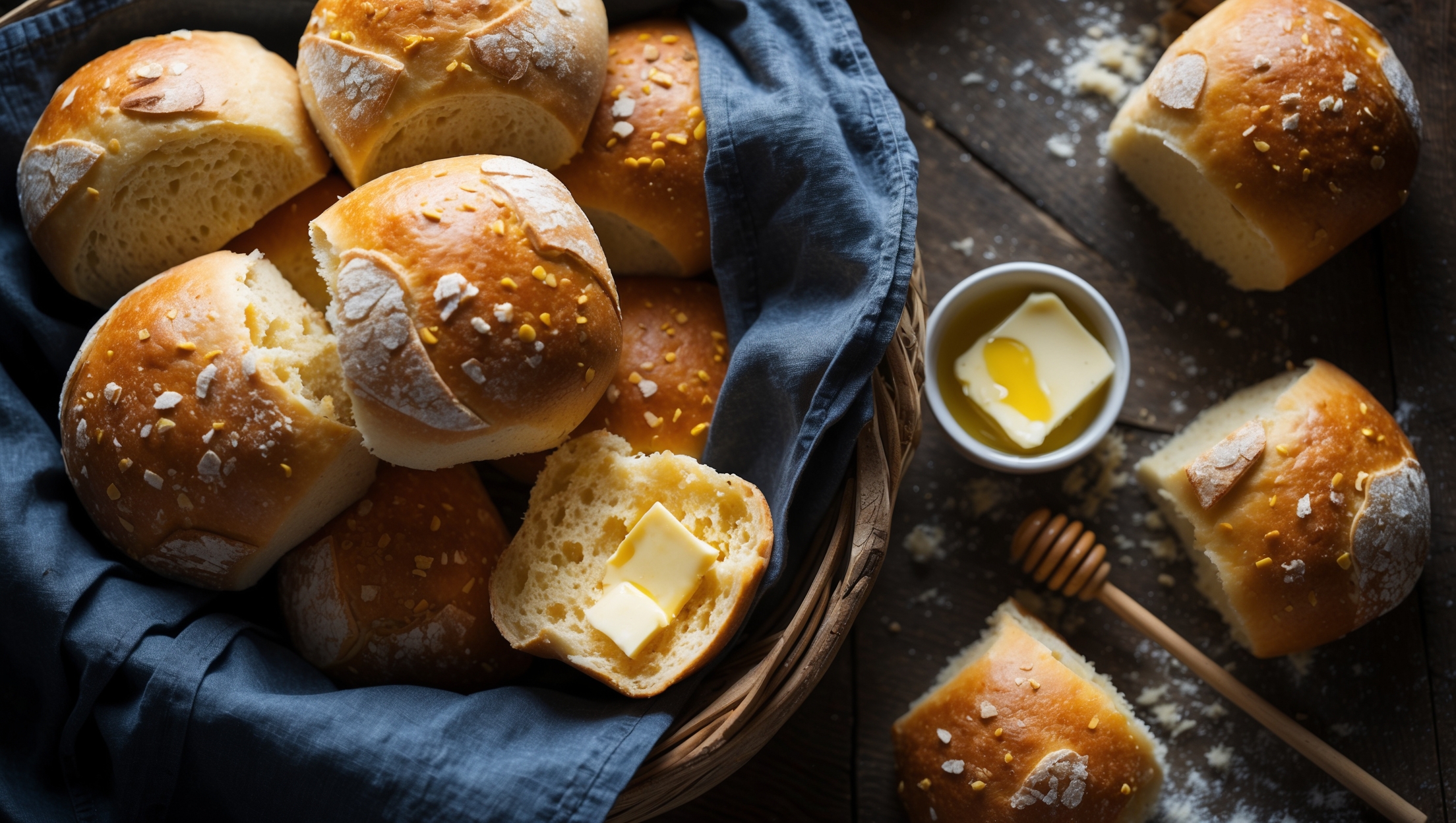 Overhead shot of a rustic bread basket lined with a navy linen napkin, filled with golden-brown cornmeal dinner rolls with visible flecks of yellow cornmeal throughout. A cross-section view reveals the tender, slightly yellow interior with a perfect crumb structure. Soft natural light creates gentle shadows highlighting the crusty exterior and dustings of flour. A pat of melting butter glistens on a broken roll in the foreground, with scattered cornmeal and a small ramekin of honey on a weathered wooden table, suggesting the perfect accompaniment to a hearty soup or stew.