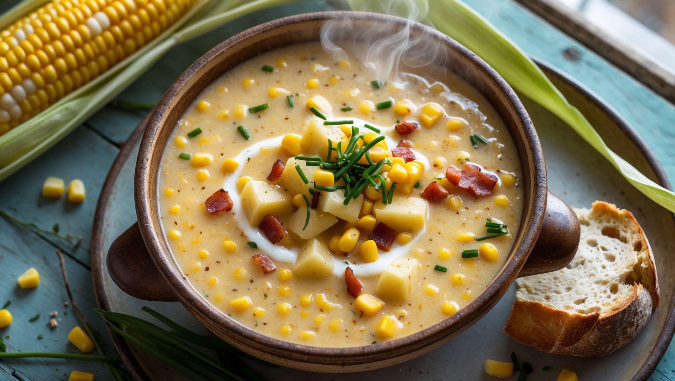 An overhead shot of a rustic ceramic bowl filled with golden corn chowder, steam gently rising from its surface. The textured soup reveals visible kernels of corn, diced potatoes, and small pieces of bacon throughout its creamy base. Garnished with fresh chives and a swirl of cream, the bowl sits on a weathered wooden table alongside a chunk of crusty sourdough bread. Natural window light casts a warm glow that highlights the velvety texture and buttery yellow color of the soup, while scattered corn husks and fresh herbs frame the composition, suggesting farm-fresh ingredients and homemade comfort.