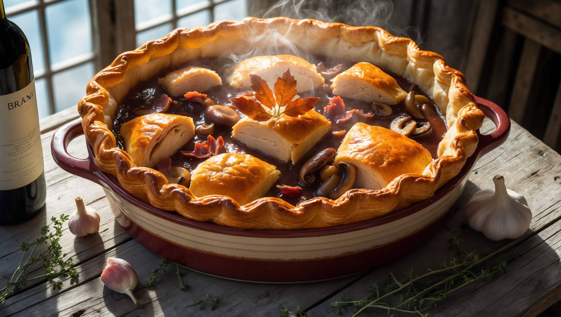 A rustic oval ceramic baking dish contains the golden-brown Coq au Vin pie captured in dramatic overhead perspective. The puff pastry top is burnished to a perfect amber glow with decorative leaf cutouts venting steam in the center. A cross-section reveals tender chicken chunks, caramelized mushrooms, and bacon nestled in a glossy burgundy sauce. The photo is bathed in soft natural light streaming through a kitchen window, highlighting the flaky pastry layers and creating shadows that emphasize texture. Scattered fresh thyme sprigs, whole garlic cloves and an uncorked bottle of red wine complete the composition on a weathered wooden farmhouse table, suggesting the French countryside origins of this sophisticated comfort food.