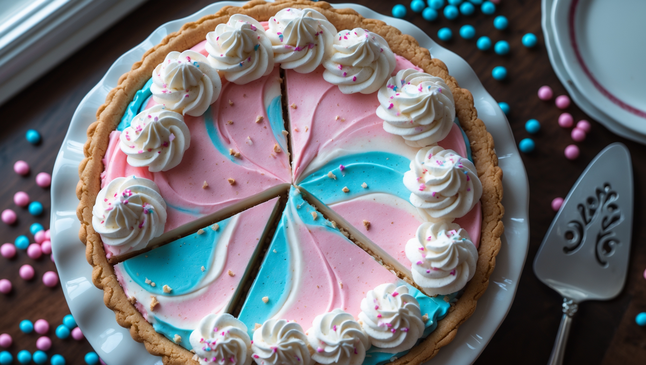 An overhead shot of a perfectly sliced Cotton Candy Cream Pie reveals its pastel pink and blue swirled filling against a golden cookie crust. Natural window light highlights the silky, cloud-like texture of the filling and the light crispness of the crust. A close-up captures the delicate piped whipped cream rosettes adorned with tufts of real cotton candy and sprinkles of crushed vanilla cookies. The pie sits on a white ceramic cake stand surrounded by scattered pink and blue candy pearls, with a silver cake server poised nearby. The contrast between the playful cotton candy colors and the elegant presentation creates a whimsical yet sophisticated dessert portrait.