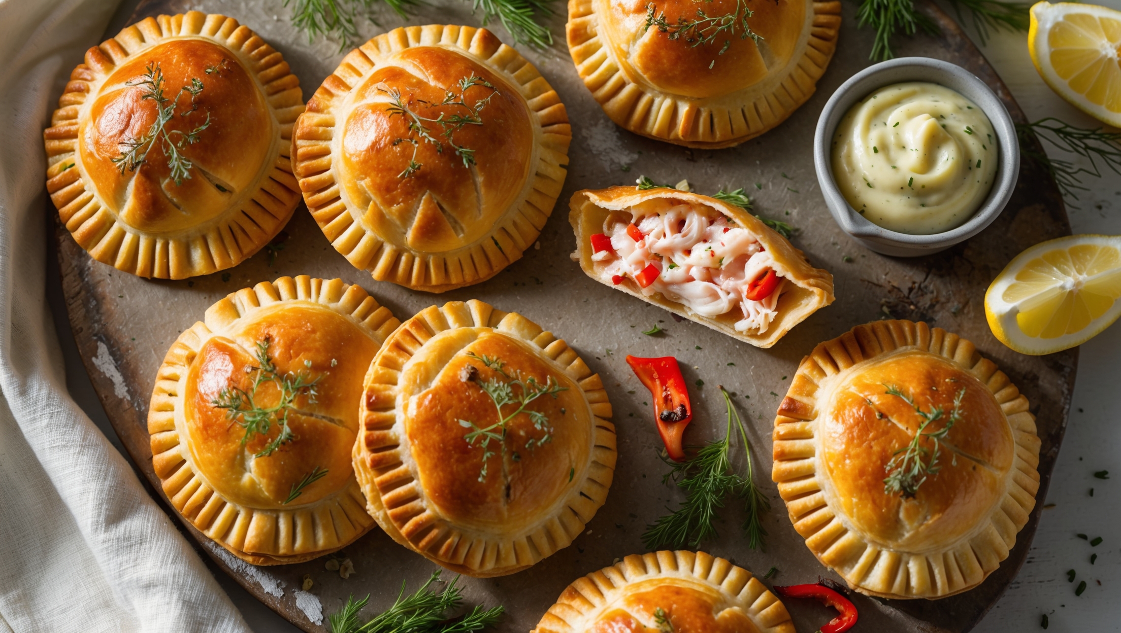 An overhead shot of golden-brown hand pies arranged on a weathered wooden serving board, with one pie broken open to reveal the succulent crab filling studded with vibrant red peppers and fresh herbs. Soft natural light streams in from a side window, highlighting the flaky, buttery layers of the pastry crust while casting gentle shadows that emphasize the hand pies' crisp edges. A small ramekin of lemon aioli sits alongside, with a wedge of lemon and sprigs of fresh dill scattered around, complementing the seafood theme. The steam rising from the freshly baked pies suggests warmth, while the cross-section shows the perfect moisture balance of the crab filling, with visible pieces of premium crabmeat and specks of Old Bay seasoning.
