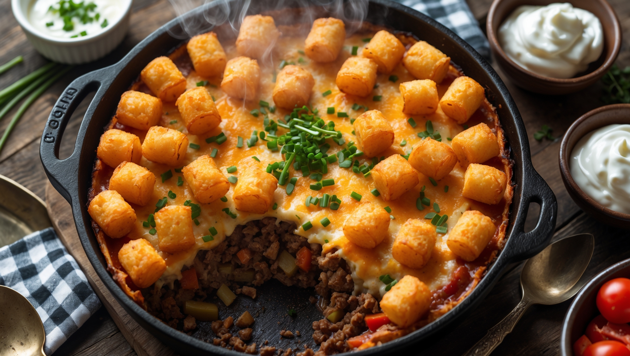 An overhead shot of a bubbling Cowboy Casserole fresh from the oven, showcasing the golden-brown tater tot crust with cheese peeking through. Soft natural light highlights the steam rising from the dish, while a cross-section view reveals the savory beef and vegetable layer beneath the crispy potato topping. The casserole sits in a rustic cast-iron skillet on a weathered wooden table, garnished with a sprinkle of fresh chives. Surrounding the dish are small bowls of sour cream and diced tomatoes, with a checkered napkin and vintage serving spoon completing the homestyle presentation. The rich colors contrast beautifully – the amber crust, the red-speckled filling, and the melted cheese stretching as a portion is served.