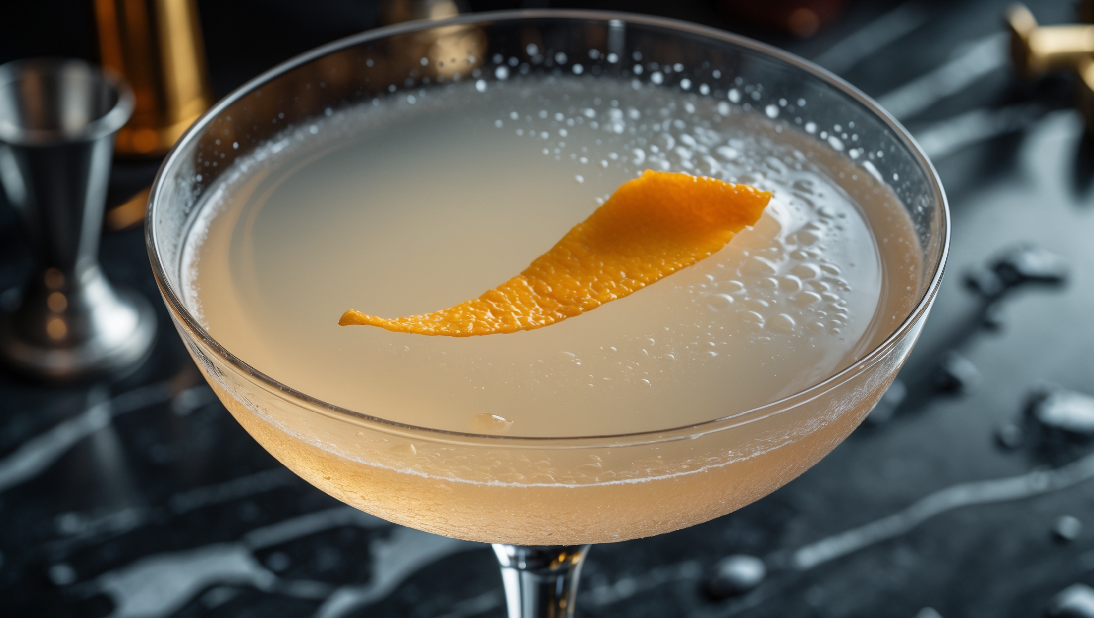 A crystal-clear coupe glass captured from above, showcasing the pale golden liquid of the Corpse Reviver #2 with a single expressed orange peel floating delicately atop. The cocktail glistens under soft studio lighting, highlighting its silky texture and subtle translucence. A close-up reveals the perfect meniscus where the liquid meets the glass rim, while a side angle captures the elegant stem and base. The background features a dark marble bar top with subtle vintage bar tools partially visible, creating depth and evoking a classic speakeasy atmosphere. Beads of condensation form on the exterior of the glass, suggesting the perfect serving temperature.