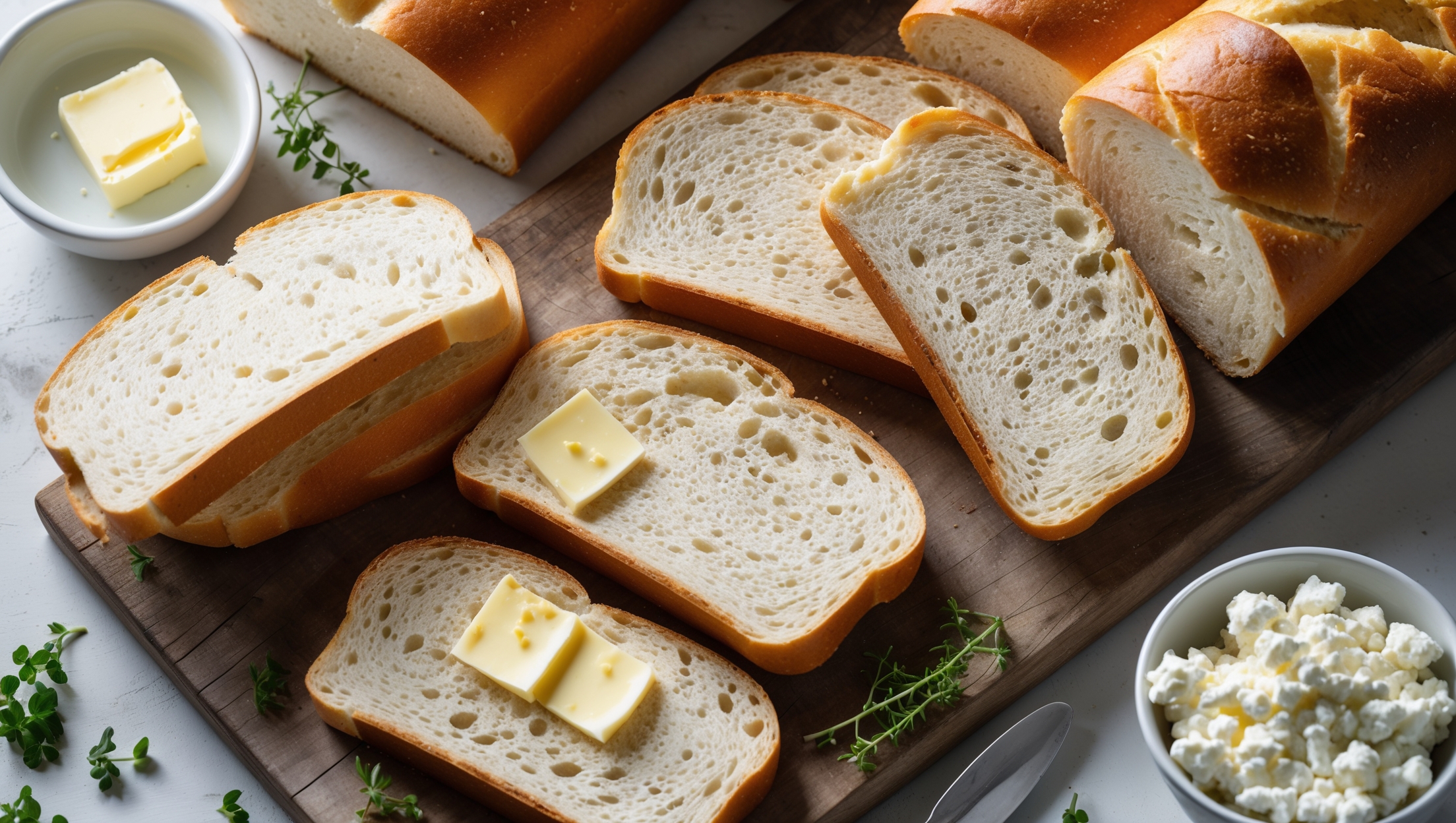 An overhead shot of perfectly sliced Cottage Cheese Sandwich Bread, revealing its exceptionally tender crumb structure in soft natural light. A cross-section displays the bread's remarkably light texture with tiny air pockets throughout, while the golden-brown crust provides beautiful contrast against the creamy interior. Several slices are arranged on a rustic wooden board with a few pieces of fresh butter slowly melting into one slice. Scattered alongside are a few sprigs of fresh herbs and a small bowl of additional cottage cheese, emphasizing the signature ingredient. The image captures the bread's distinctive tall rise and pillowy texture that makes it perfect for sandwiches.