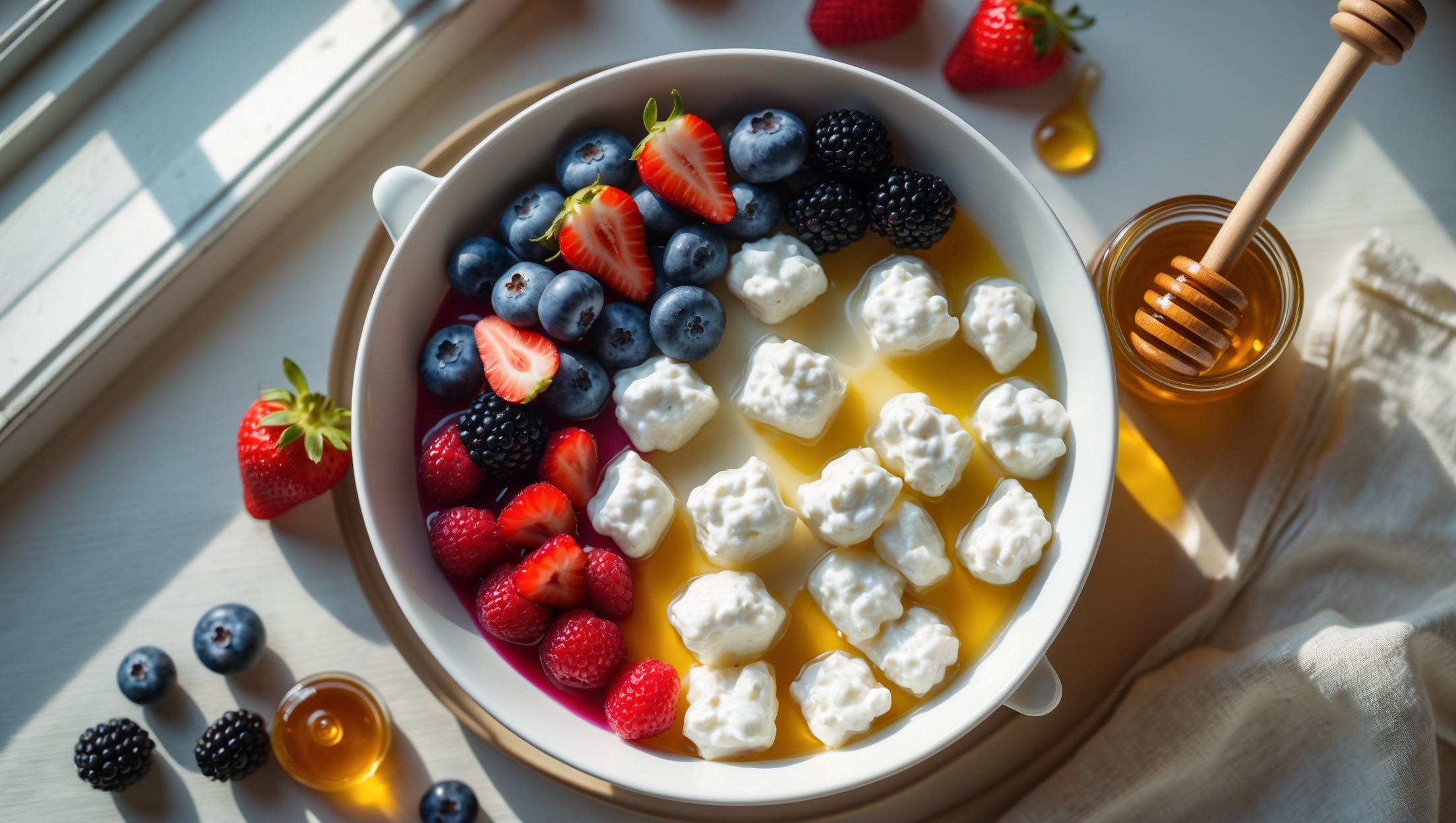 An overhead shot of a pristine white ceramic bowl filled with velvety cottage cheese, its distinctive curds catching the soft morning light streaming through a nearby window. Vibrant berries cascade across half the surface - plump blueberries, ruby-red strawberry slices, and blackberries - while the other half glistens with honey drizzled in an artistic pattern, creating amber pools between the curds. A wooden honey dipper rests against the side of the bowl, a drop of honey suspended from its tip. In the background, scattered fresh fruits, a small jar of golden honey with its lid ajar, and a vintage linen napkin complete the composition, all arranged on a light wooden breakfast tray.