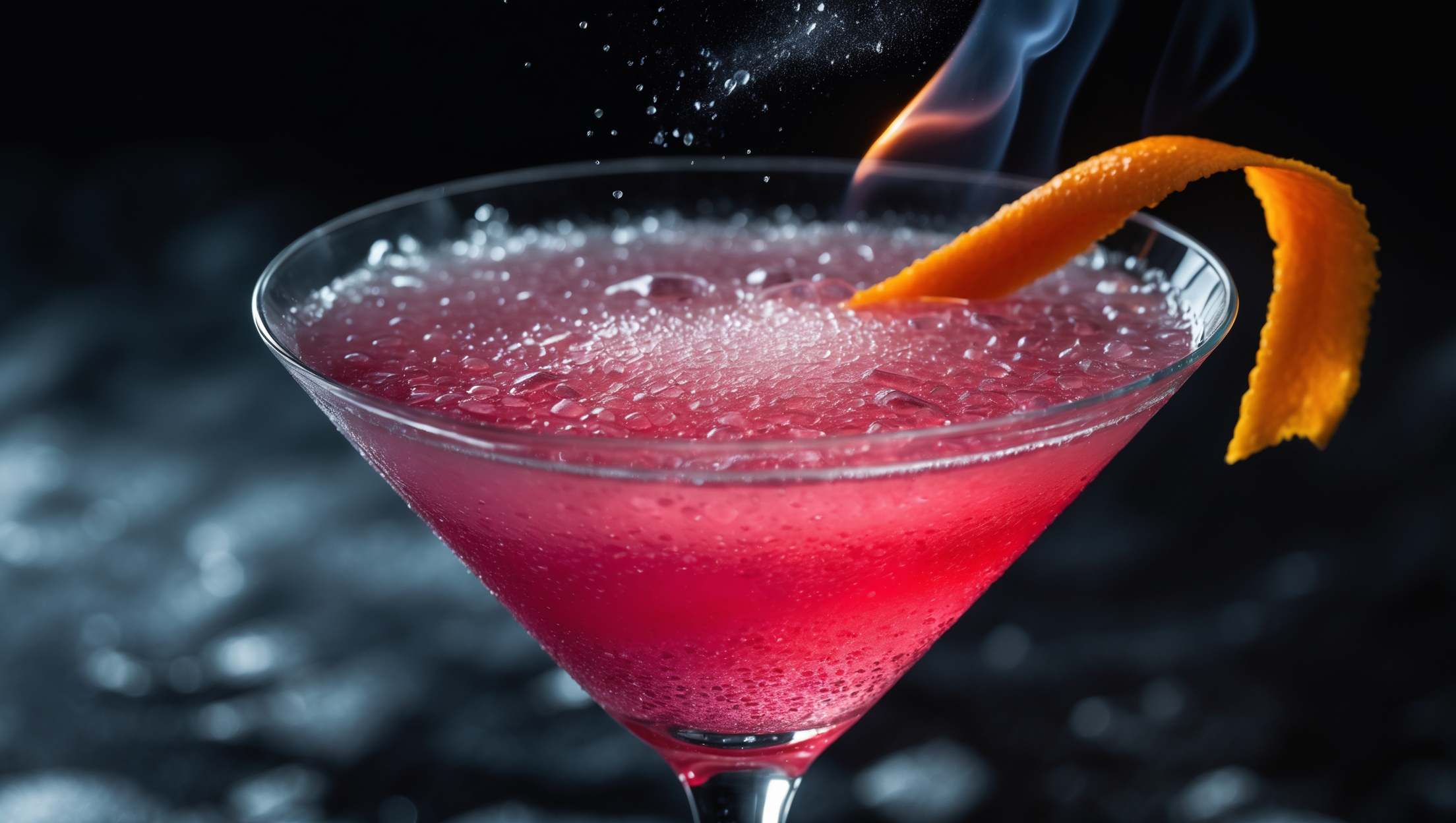 A perfectly chilled Cosmopolitan captured in dramatic low-key lighting, highlighting the signature pink-red hue in a crystal-clear martini glass. The cocktail glistens with tiny ice crystals from thorough shaking, while a delicate flame of expressed orange oil dances above the surface in a close-up shot. A twist of orange peel rests elegantly on the rim, providing vibrant contrast against the jewel-toned liquid. Beads of condensation form on the glass's exterior, suggesting the drink's refreshing temperature, while subtle bar lighting catches the liquid's surface, creating an enticing sheen that emphasizes the cocktail's silky texture.