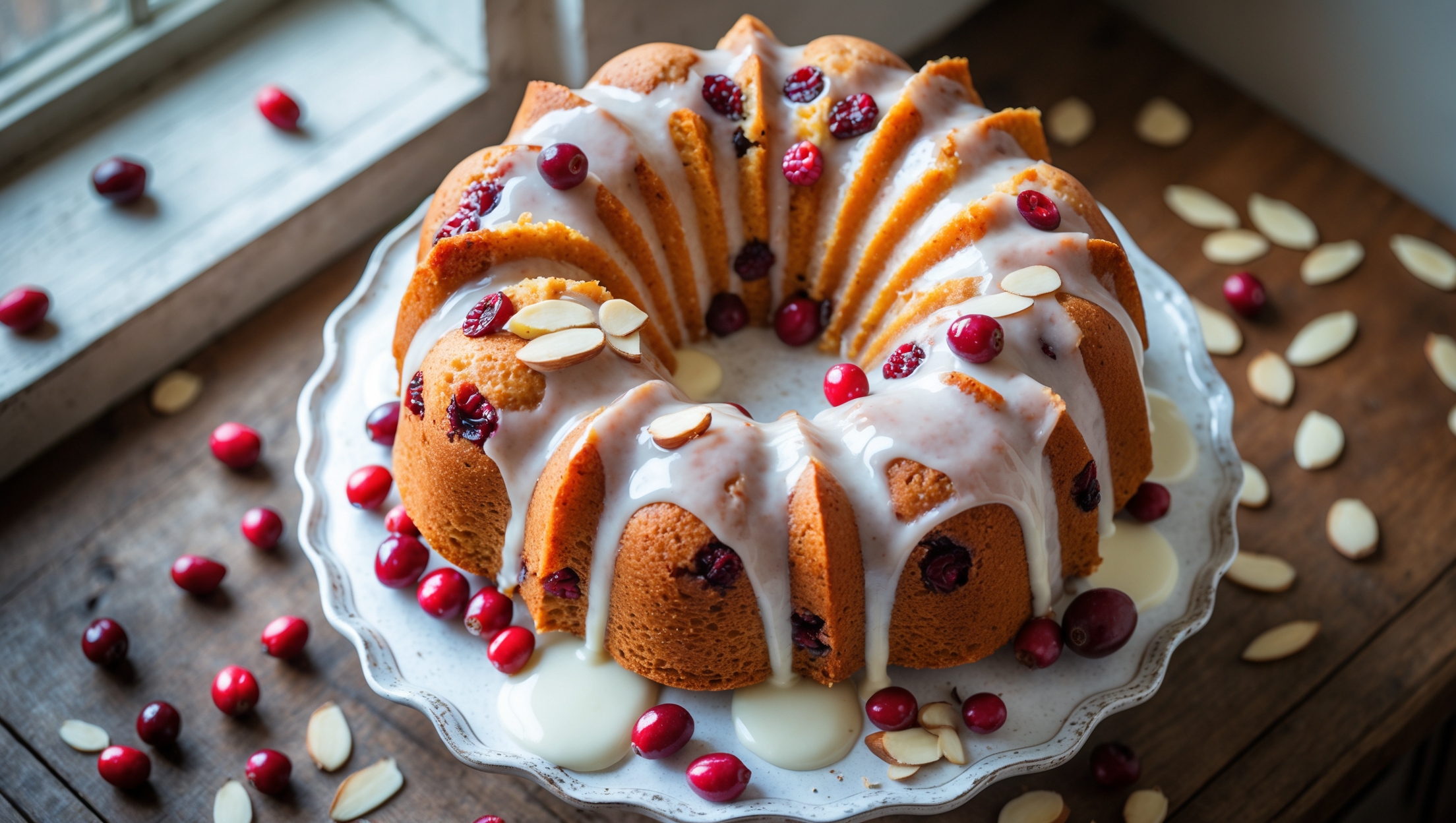 An overhead shot of a majestic cranberry almond bundt cake on a vintage white cake stand, its golden-brown exterior showcasing perfect fluting and caramelization. The cross-section reveals a moist, tender crumb with ruby-red cranberries scattered throughout like jewels against the pale yellow cake. Sliced almonds create a beautiful texture contrast along the top, where a glossy white almond glaze cascades dramatically down the ridges, collecting in delicate pools on the cake plate. Soft natural light streams in from a nearby window, highlighting the cake's glistening surface while scattered fresh cranberries and almond slivers artfully surround the base of the cake stand on a rustic wooden table.