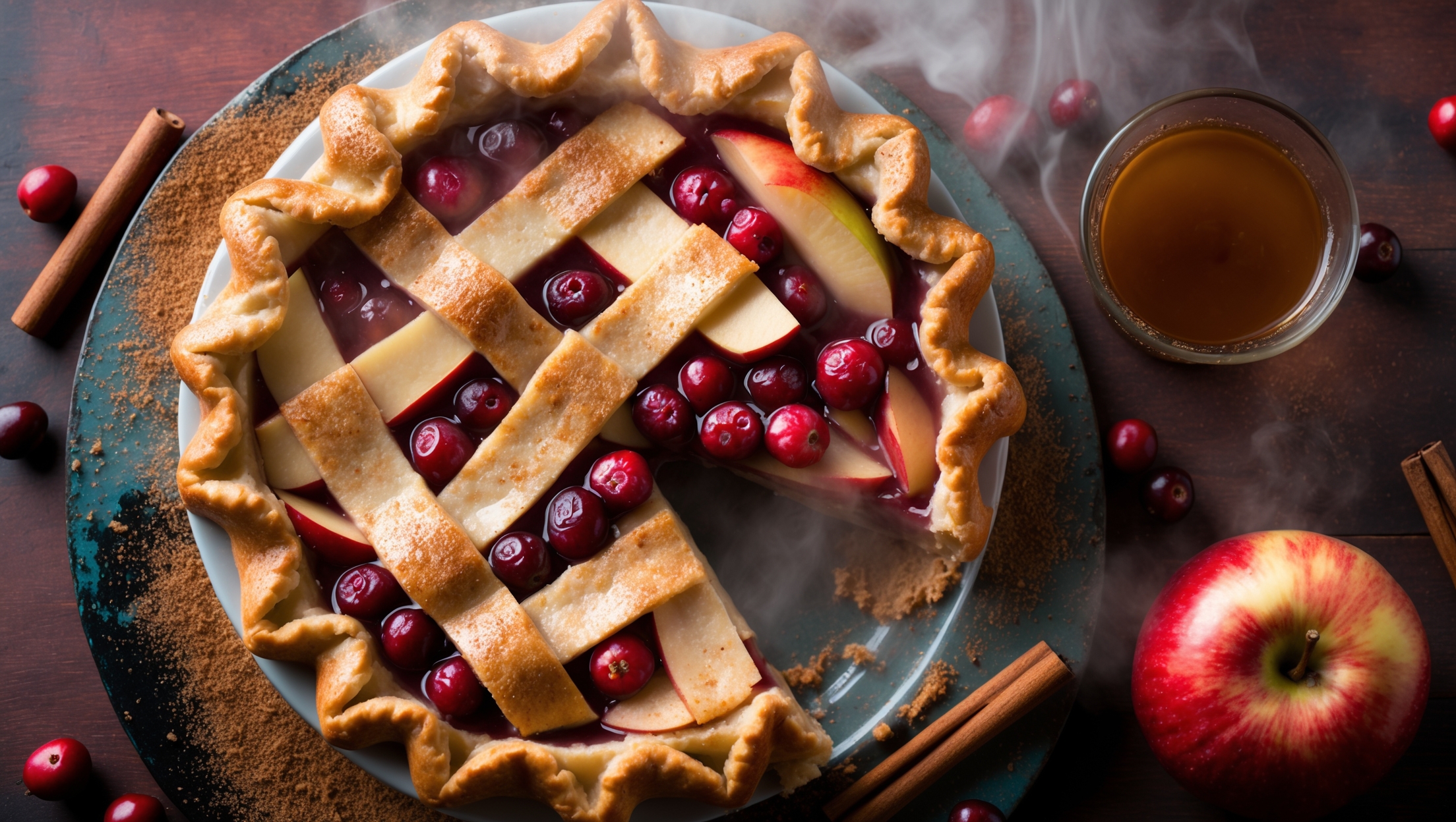 An overhead shot of a golden-brown Cranberry Apple Cider Pie with a lattice top crust, where ruby-red cranberries peek through the gaps alongside tender apple slices. Steam rises gently from a freshly cut slice revealing the jewel-toned filling with distinct layers of fruit. The pie sits on a weathered wooden board dusted with cinnamon, captured in soft natural light that highlights the crystallized sugar sprinkled atop the crust. Surrounding the pie are scattered fresh cranberries, cinnamon sticks, and a small glass of amber apple cider, creating a cozy autumnal scene with rich reds, deep ambers, and warm browns that emphasize the pie's seasonal appeal.