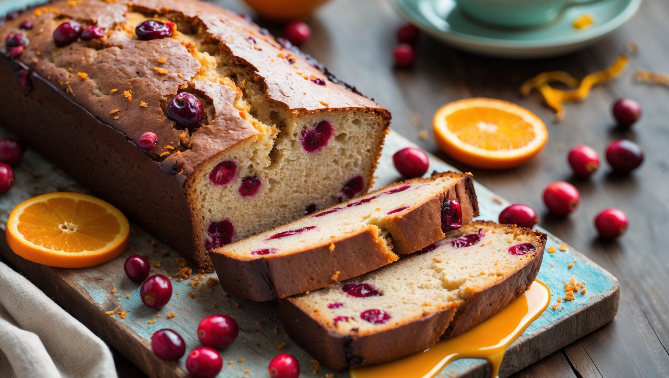 An overhead shot of a rustic loaf of Cranberry Orange Bread with a perfect crack down the center, sliced to reveal a moist, tender crumb studded with ruby-red cranberries. The bread rests on a weathered wooden board, with scattered fresh cranberries and orange slices creating a colorful frame. A soft natural light highlights the glistening orange glaze that drips enticingly down the sides of the loaf. In the background, a steaming cup of tea and a vintage linen napkin complete the cozy setting, while a light dusting of orange zest adds a pop of color and hints at the bright citrus flavor within.