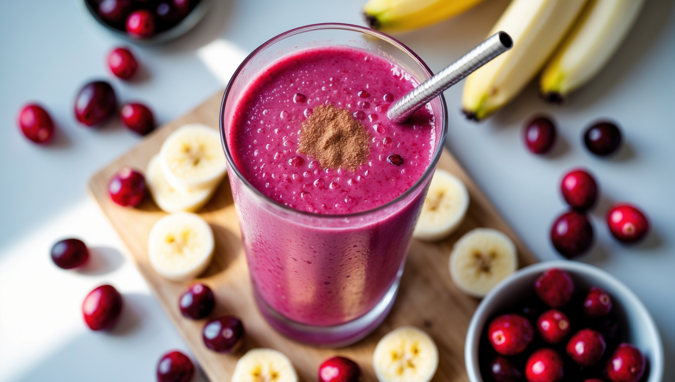 An overhead shot of a tall glass filled with a vibrant pink-purple smoothie, showing the perfect gradient from deep cranberry at the bottom to lighter pink at the top. Soft natural light streams across the scene, highlighting the smoothie's silky texture. The glass sits on a light wooden board with fresh cranberries and banana slices scattered artfully around the base. A reusable straw stands in the glass, and a light dusting of cinnamon creates a delicate pattern on the smoothie's surface. Condensation beads on the glass, suggesting refreshing coolness, while a small bowl of whole cranberries and sliced bananas sits nearby, indicating the fresh ingredients used.