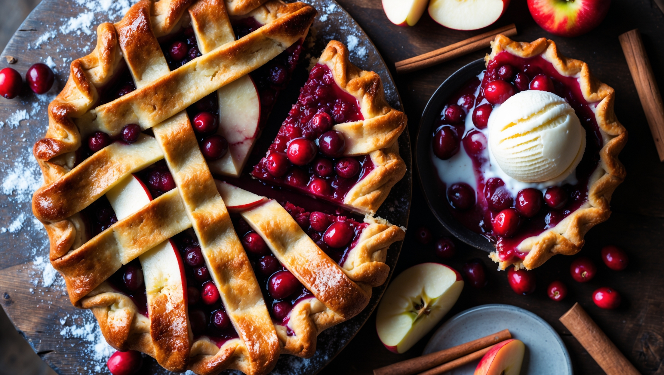An overhead shot captures a rustic Cranberry Apple Pie with a golden lattice crust, revealing glimpses of the ruby-red filling bubbling through the gaps. The pie sits on a weathered wooden serving board dusted with flour, photographed in soft natural light that highlights the glistening sugar crystals sprinkled across the pastry. A cross-section view reveals distinct layers of tender apple slices intermingled with bright cranberries in a thick, jammy sauce. Surrounding the pie are scattered fresh cranberries, cinnamon sticks, and apple slices, while a scoop of slowly melting vanilla ice cream rests against one slice, creating a beautiful contrast between warm pie and cool cream.