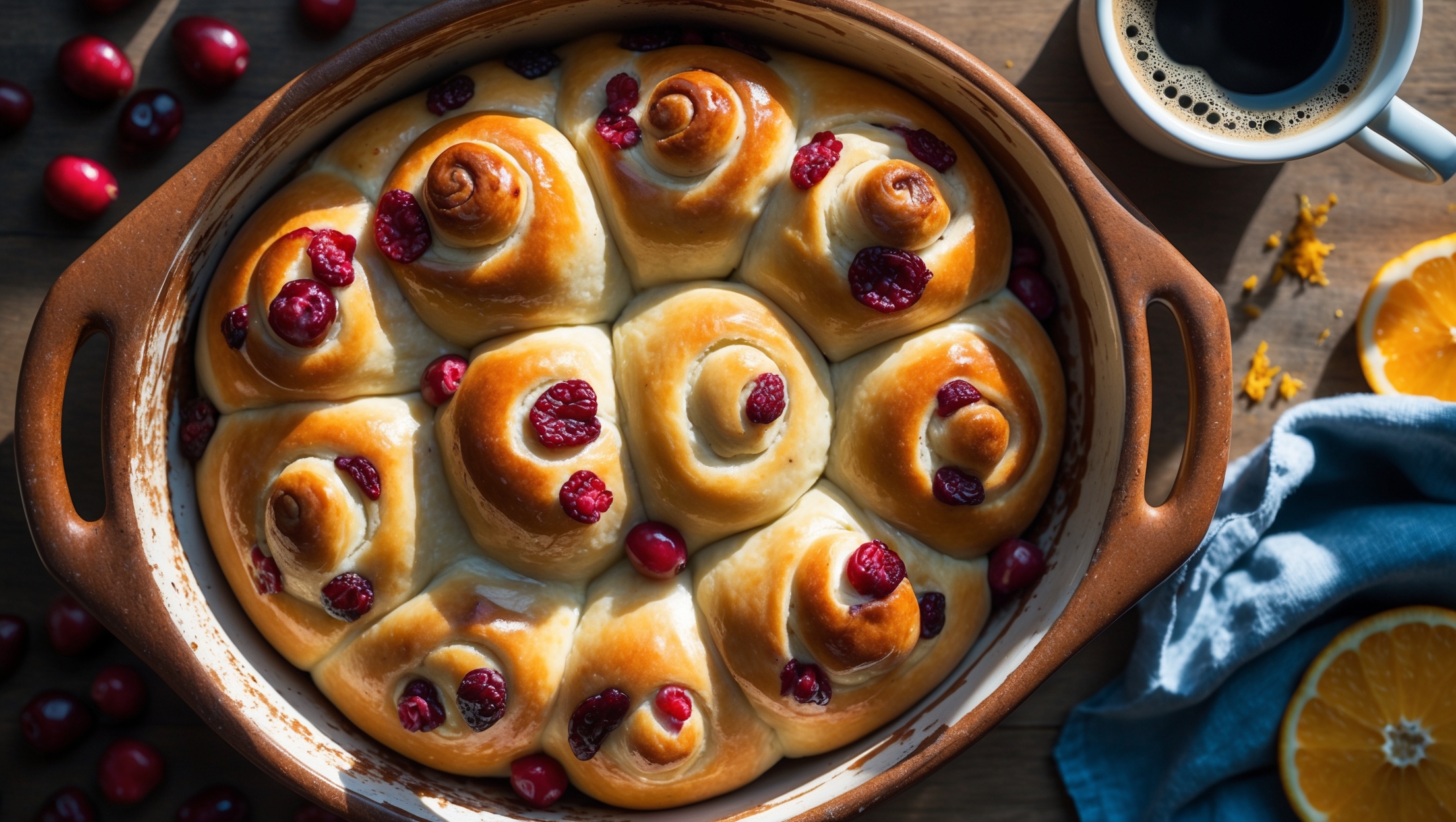 An overhead shot capturing a rustic ceramic dish filled with golden-brown spiral buns, their surfaces glistening with cream cheese glaze that drips enticingly down the sides. A cross-section view reveals swirls of orange-infused dough studded with ruby-red cranberries, their tartness visible against the soft, pillowy texture. The scene is bathed in warm morning light streaming through a nearby window, casting gentle shadows across a wooden table scattered with fresh cranberries, orange segments, and a sprinkle of orange zest. A vintage blue linen napkin sits beside the buns, with a steaming cup of coffee nearby, suggesting the perfect breakfast pairing.