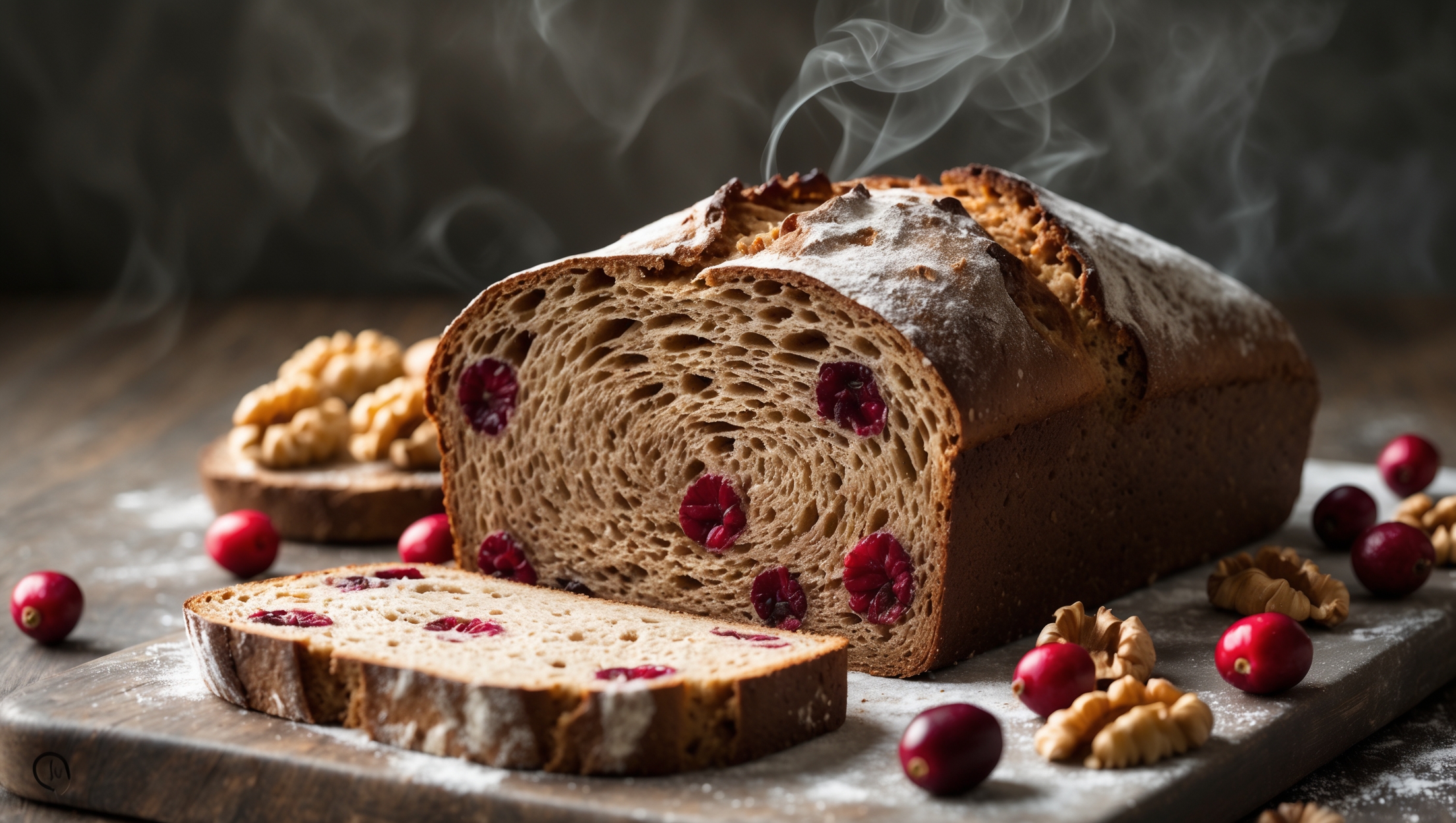 A cross-section of the Cranberry Walnut Whole Grain Bread captured in soft natural light, displaying its perfect crumb structure and vibrant red cranberry jewels against the earthy brown backdrop of the whole grain dough. The loaf sits on a weathered wooden board, with scattered whole cranberries and walnut halves artfully arranged alongside. A thin slice stands upright, revealing the beautiful distribution of ingredients throughout the loaf. A light dusting of flour on the artisanal crust catches the light, highlighting the bread's rustic, hand-crafted appearance. Steam rises subtly from a freshly cut piece, suggesting warmth and freshness.