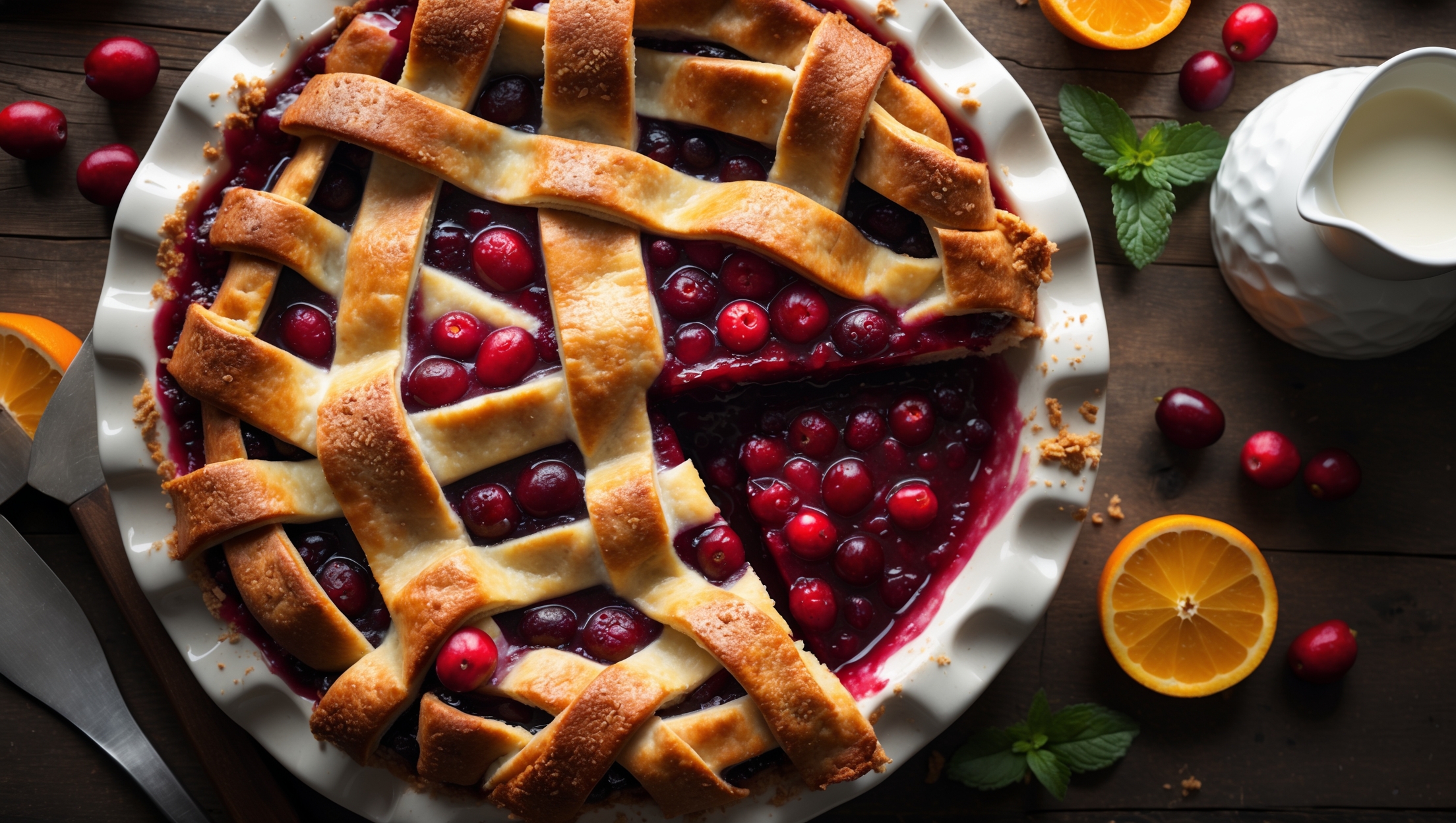 An overhead shot of a golden-brown Cranberry Orange Pie with a beautifully crimped lattice top, revealing glimpses of the ruby-red filling bubbling through the gaps. Soft natural light highlights the sugar-dusted crust and creates gentle shadows that emphasize the pie's texture. The pie sits on a vintage white ceramic stand against a rustic wooden table, with fresh cranberries, orange slices, and a sprig of mint scattered artfully around the base. A slice has been removed, showcasing the perfectly set filling with whole cranberries suspended in a glistening, orange-infused gel. Steam rises gently from the warm slice, while a small pitcher of vanilla cream waits nearby.