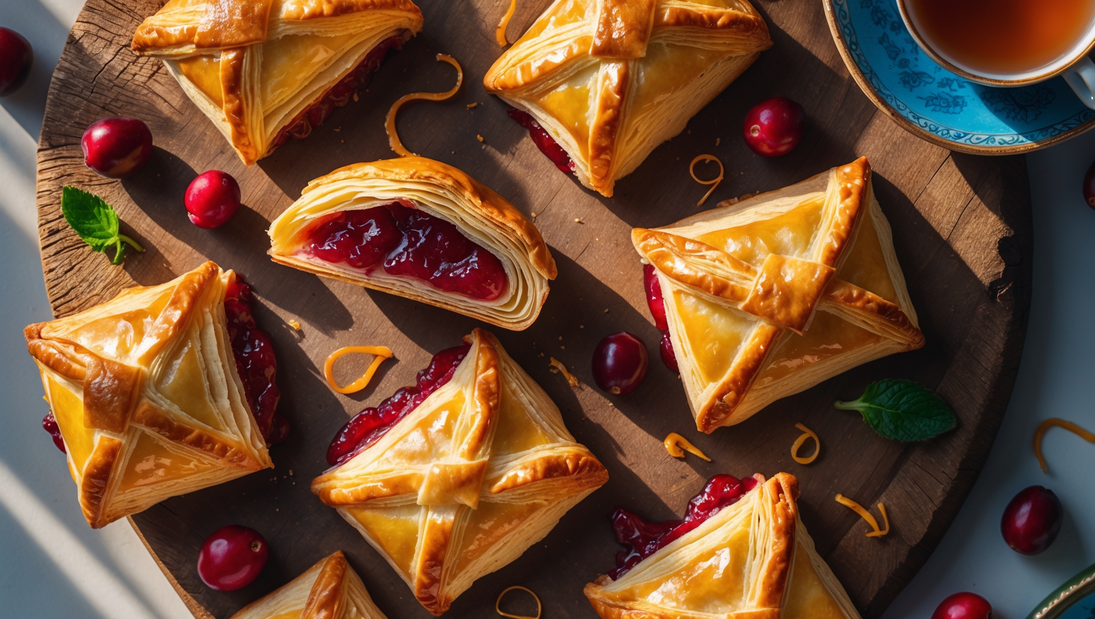 An overhead shot of golden-brown pastries arranged artfully on a rustic wooden serving board, their flaky layers visible and glistening with orange glaze. A cross-section view reveals the vibrant ruby-red cranberry filling peeking through delicate pastry folds. In soft natural light, the pastries cast gentle shadows, with scattered fresh cranberries, orange zest curls, and a sprig of fresh mint adding color contrast. A vintage blue ceramic plate holds a single pastry with a bite taken out, revealing the jammy interior. Warm steam rises subtly, suggesting they're freshly baked, while a cup of tea in the background hints at the perfect pairing.