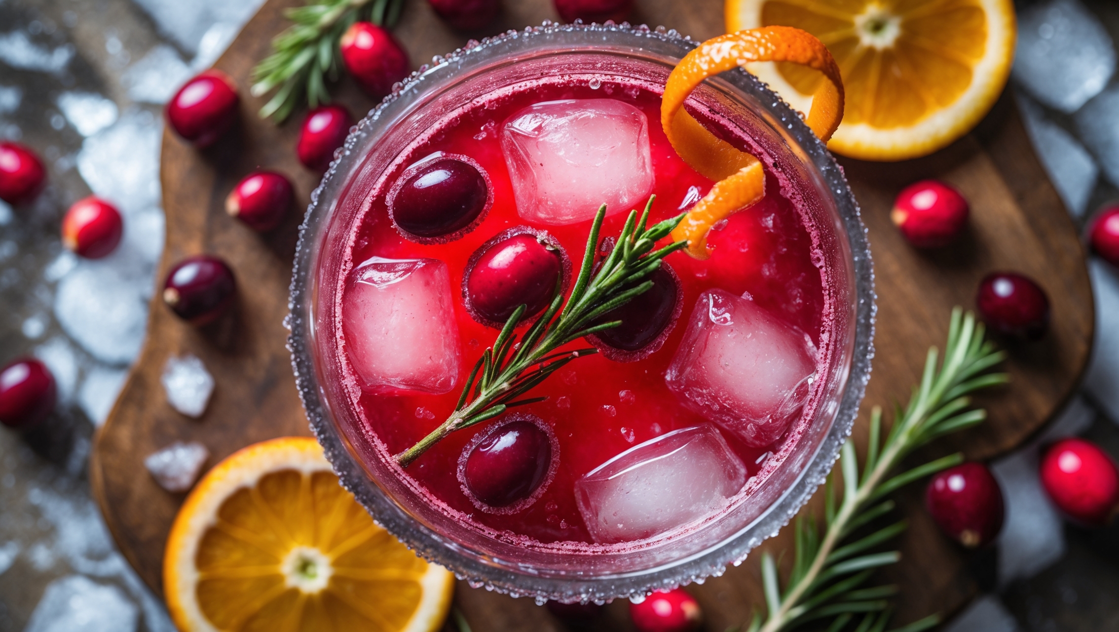 An overhead shot of a crystal rocks glass filled with crushed ice and a ruby-red Cranberry Orange Smash Mocktail. The drink catches bright natural light, highlighting the vibrant gradient from deep crimson at the bottom to lighter orange-red at the top. Fresh cranberries float on the surface alongside a twisted orange peel garnish and sprigs of rosemary that add a contrasting forest green. Condensation beads on the glass's exterior, suggesting refreshing coldness. The mocktail sits on a rustic wooden board with scattered fresh cranberries, orange slices, and rosemary sprigs surrounding it, creating a festive holiday atmosphere.