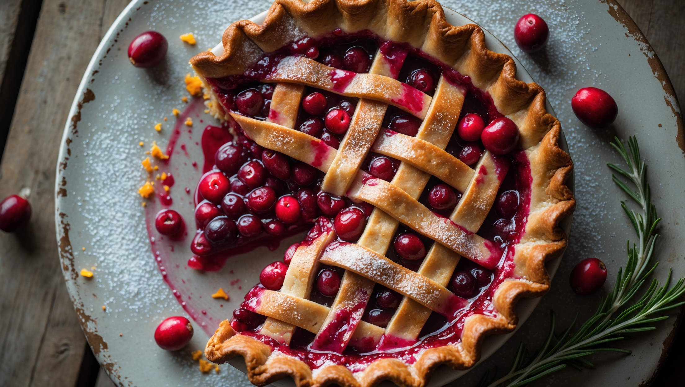 An overhead shot of a rustic cranberry pie with a beautifully bronzed lattice crust, where glistening ruby-red cranberry filling bubbles through the gaps. The pie rests on a vintage ceramic pie plate atop a weathered wooden table, with soft natural light streaming in from a nearby window. A light dusting of powdered sugar adds contrast to the deep crimson filling, while several fresh cranberries and a sprig of rosemary are artfully scattered nearby. A slice has been removed, revealing the perfect consistency of the filling—thick enough to hold its shape but juicy enough to be indulgent, with visible orange zest flecks adding dimension to the cranberry mixture.