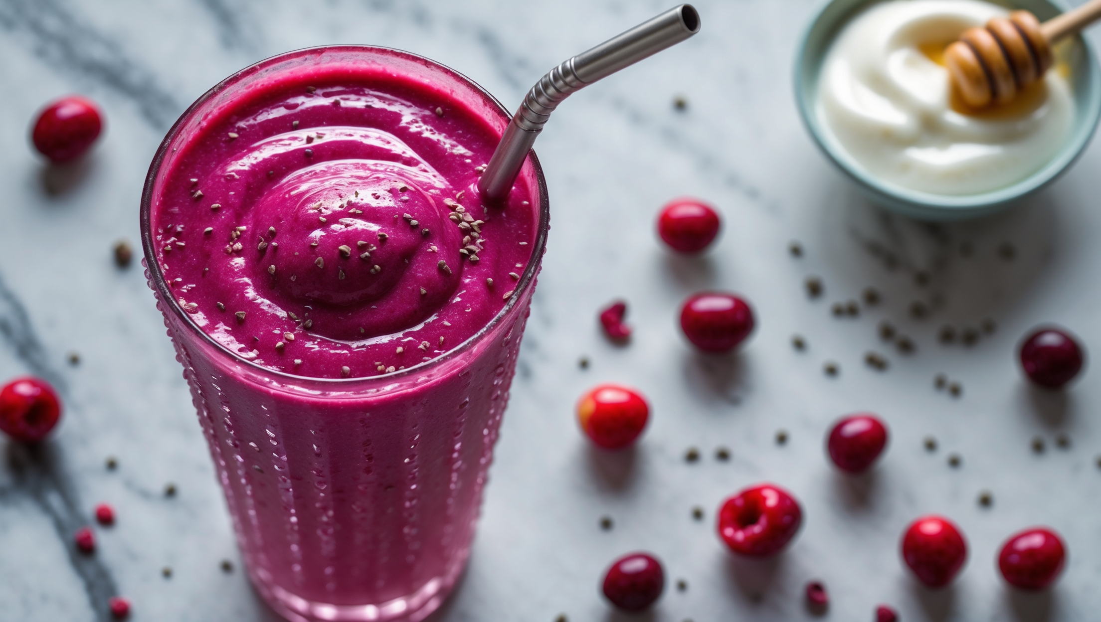 An overhead shot of a tall glass filled with a vibrant magenta smoothie, showcasing swirls of deep crimson and bright raspberry pink. The glass sits on a light marble countertop beside scattered fresh cranberries and plump raspberries. A metal straw tilts from the rim, and a light dusting of chia seeds sprinkles the foamy top. Natural window light highlights the smoothie's silky texture and the condensation beading on the chilled glass. In the background, a small bowl of yogurt and a honey dipper suggest the fresh ingredients used in this antioxidant-rich blend.