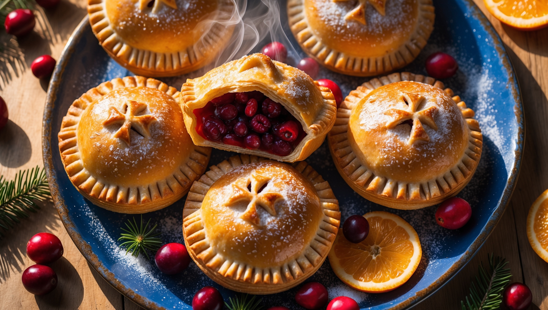 An overhead shot of golden-brown hand pies arranged on a vintage blue ceramic platter, their crimped edges glistening with sparkling sugar crystals. A cross-section view reveals the vibrant ruby-red cranberry filling studded with orange zest. The warm, directional light creates shadows highlighting the flaky pastry layers, while scattered fresh cranberries, orange slices, and pine sprigs decorate the rustic wooden table. A light dusting of powdered sugar creates beautiful contrast against the rich filling that peeks through decorative vents cut into the pastry tops. The scene evokes cozy holiday baking with steam rising gently from a freshly-cut hand pie.