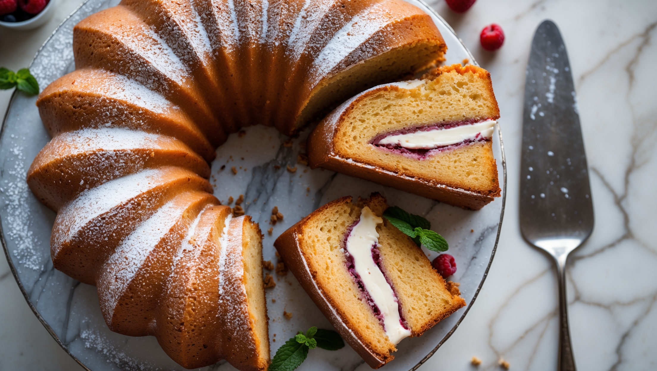 An elegant overhead shot of a perfectly baked bundt cake with its distinctive ridged pattern, dusted with a light coating of powdered sugar that highlights every curve. A cross-section cut reveals the surprise cream cheese filling that swirls throughout the golden cake crumb. Captured in soft natural light on a vintage cake stand, the image showcases the cake's moist texture and the creamy white ribbon of filling that contrasts beautifully with the warm amber tones of the cake. Scattered berries and mint leaves provide pops of color against the marble serving surface, while a silver cake server rests alongside, ready to cut the next perfect slice.