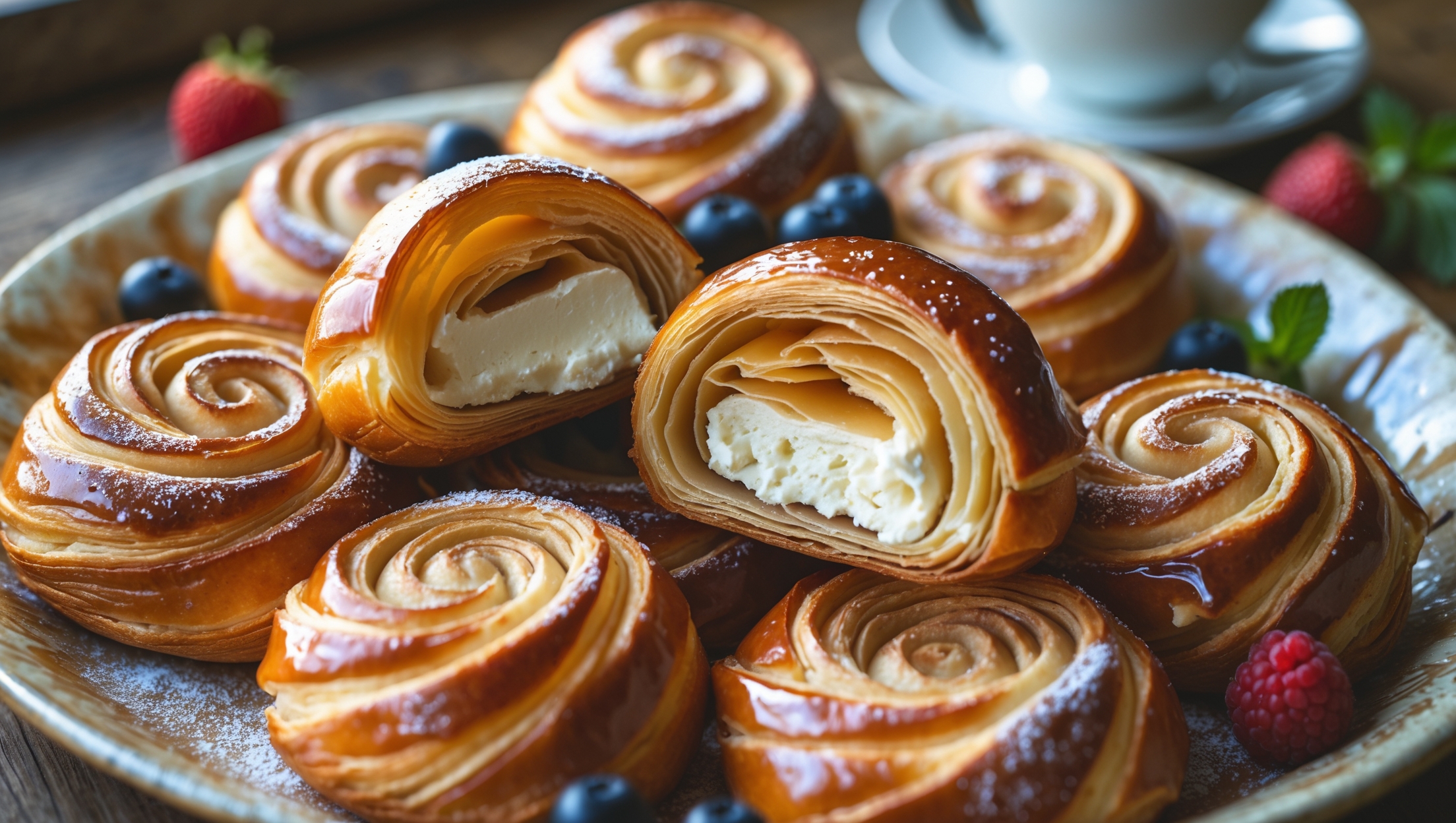 An overhead shot of golden-brown Danish pastries arranged on a vintage ceramic platter, their spiral shapes revealing cream cheese centers with delicate browning at the edges. A cross-section view displays the distinct layers of flaky laminated dough, with a generous cream cheese filling that's slightly puffed and caramelized. Soft natural morning light streams across the scene, highlighting the glossy egg-wash finish and slight dusting of powdered sugar. Several pastries show drizzles of vanilla glaze cascading down the sides, creating appealing contrast against the amber pastry. Fresh berries and mint sprigs are scattered alongside, with a cup of steaming coffee blurred in the background, suggesting the perfect breakfast pairing.