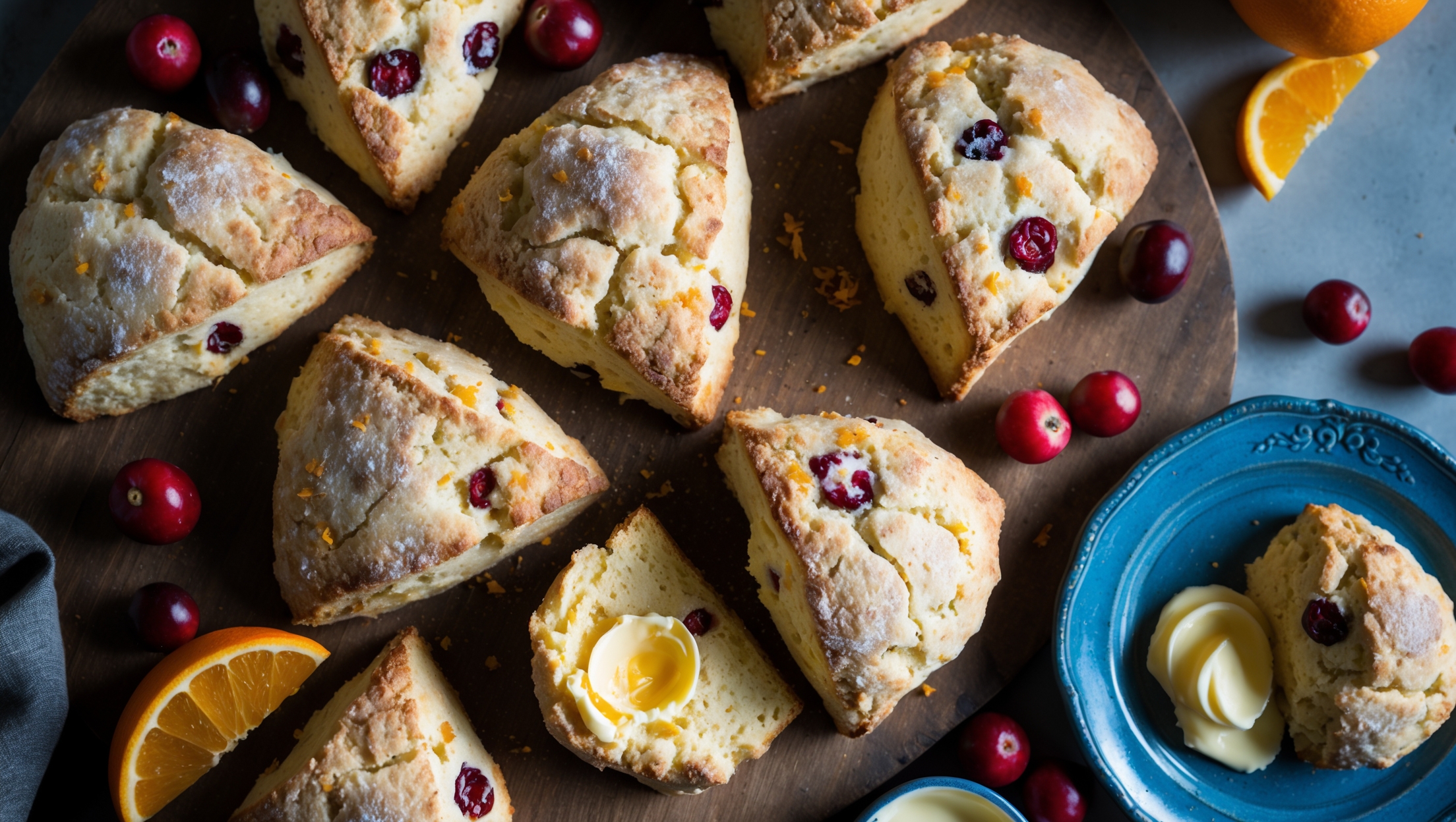 An overhead shot captures a rustic wooden board featuring golden-brown cranberry orange scones with visible flecks of orange zest and ruby-red cranberries peeking through their crackled surfaces. The scones are arranged in a casual circle with one broken open, revealing a soft, buttery interior with pockets of jewel-like cranberries. Soft natural morning light highlights the sugar-crusted tops that glisten subtly, while scattered fresh cranberries, orange slices, and a small pot of clotted cream create an inviting tableau. A vintage blue ceramic plate holds a single scone with a delicate smear of orange-infused butter melting into its warm surface, emphasizing the contrast between the crisp exterior and tender crumb within.