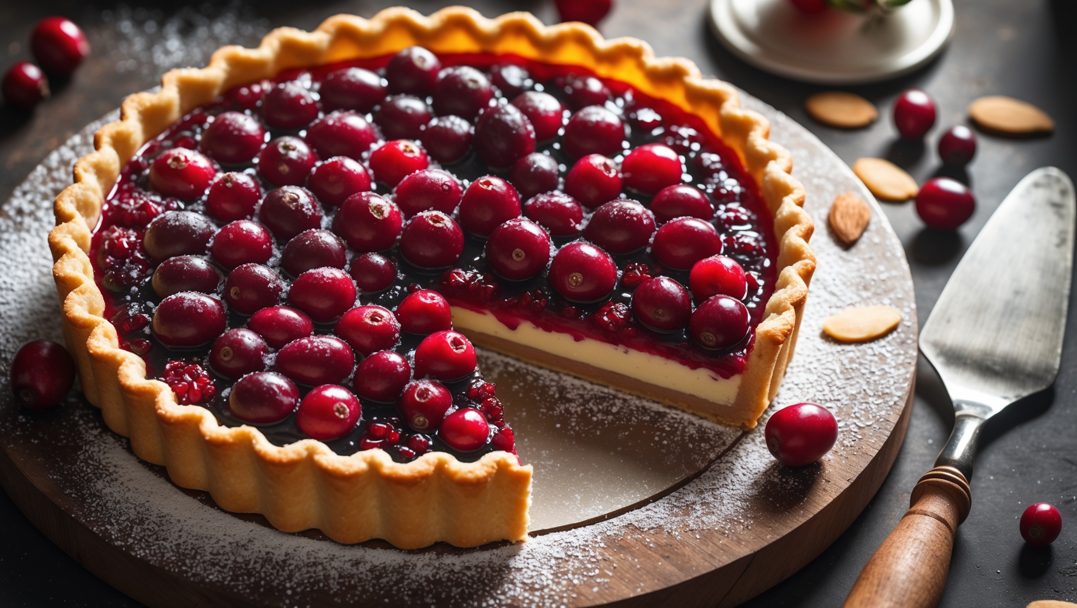 An overhead shot of the cranberry tart showcases its jewel-toned filling glistening under soft natural light. The deep ruby-red cranberries contrast beautifully against the golden-brown pastry edge, with some berries maintaining their shape while others have melted into a glossy compote. A cross-section reveals distinct layers: the crisp, flaky shortcrust base, the vibrant cranberry filling, and the tender almond frangipane layer. The tart sits on a rustic wooden board dusted with confectioners' sugar, with a few scattered fresh cranberries and almond slivers artfully placed around the plate. A vintage cake server rests alongside, ready to slice through the perfect marriage of buttery pastry and bright, seasonal fruit.