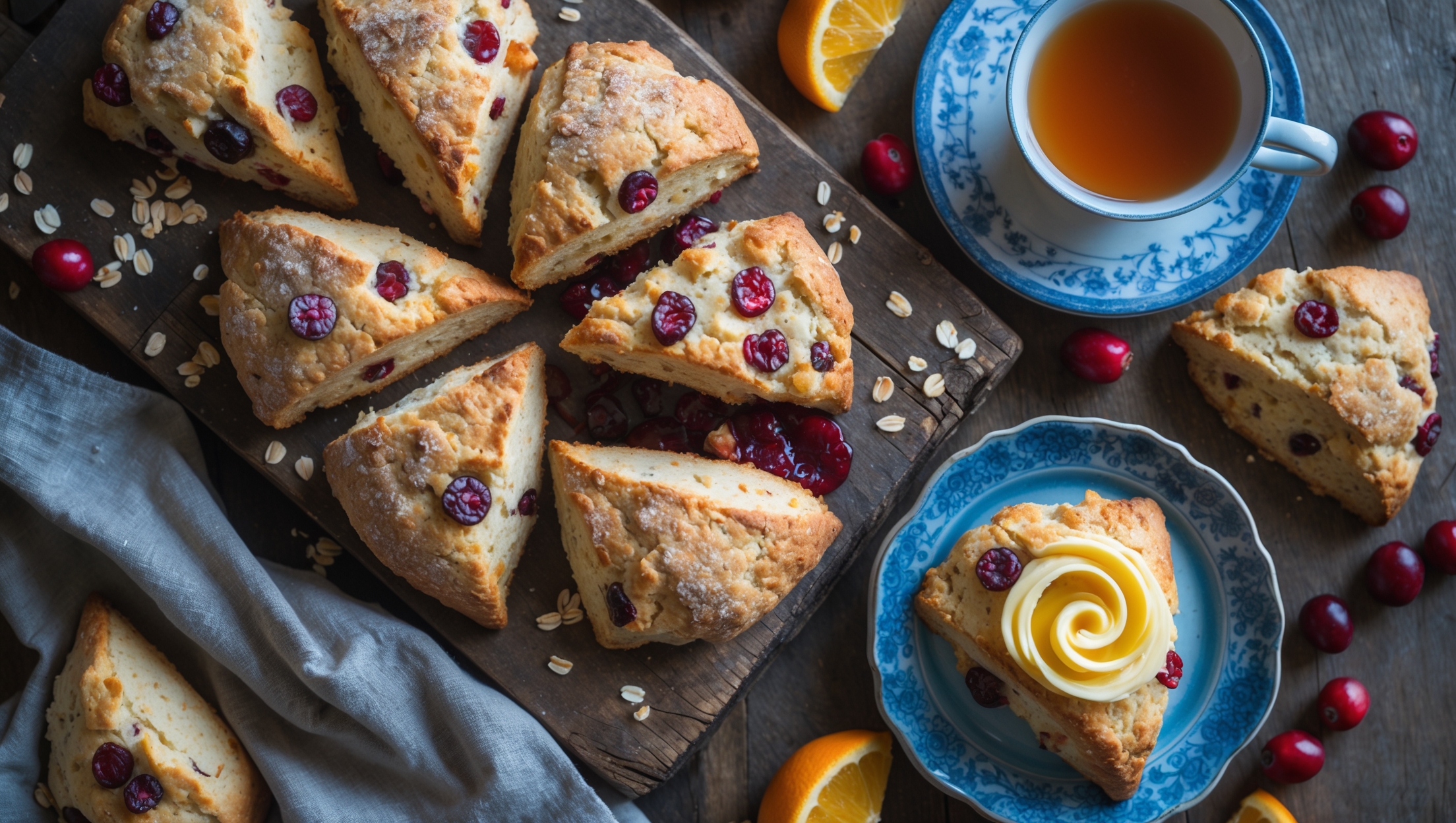 An overhead shot of rustic cranberry orange oat scones arranged on a weathered wooden board, with several broken open to reveal their tender, flaky interior studded with ruby-red cranberries. Soft morning light streams across the scene, highlighting the golden-brown, sugar-crusted tops and the subtle orange-hued crumb. Scattered around the scones are fresh cranberries, orange segments, and rolled oats, while a vintage blue ceramic plate holds a single scone topped with a delicate swirl of orange-infused butter slowly melting into the warm pastry. A linen napkin and steaming cup of tea complete the inviting breakfast tableau.