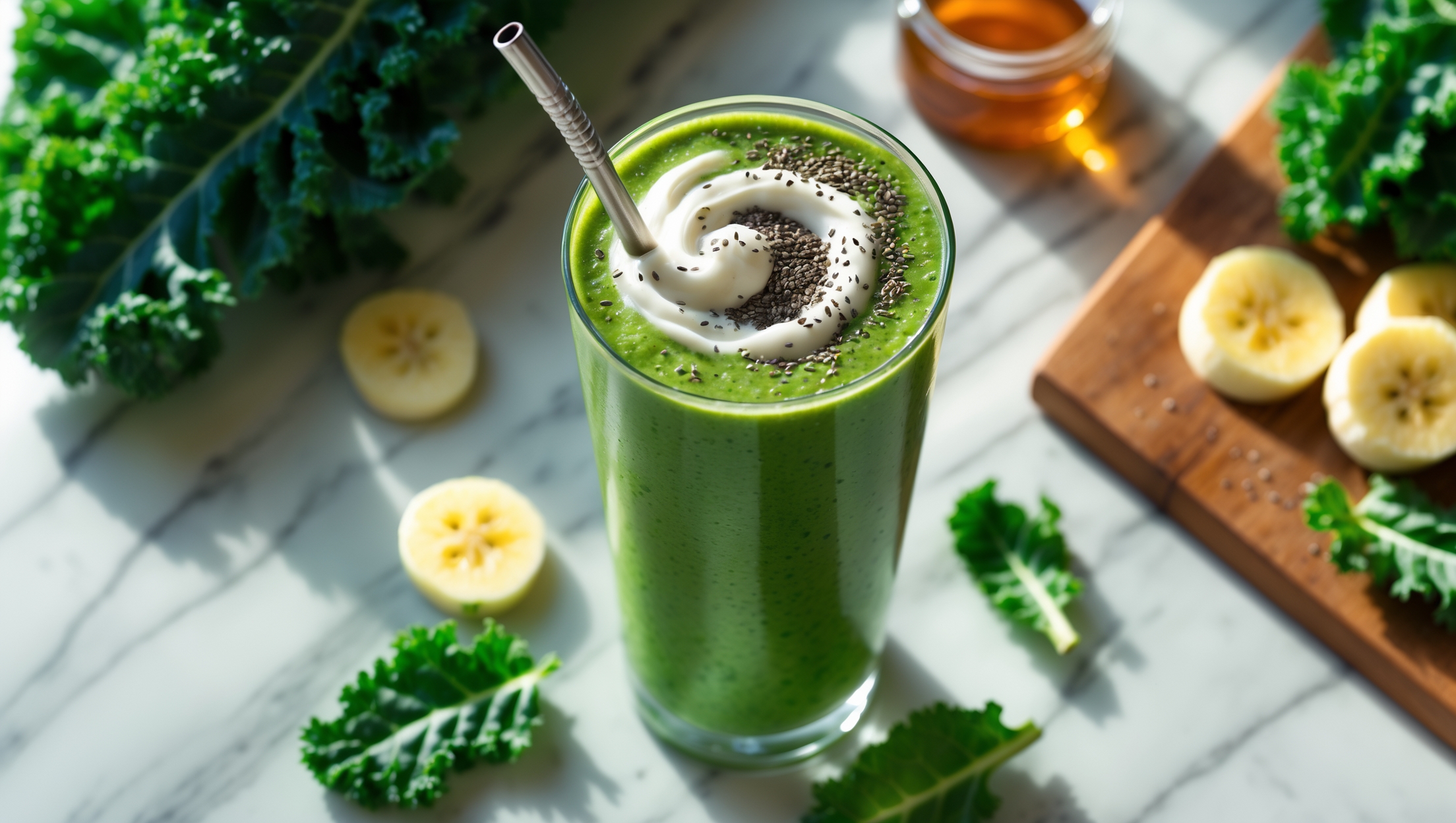 An overhead shot of a tall glass filled with vibrant green smoothie, topped with a swirl of coconut cream and scattered chia seeds. A metal straw rises from the glass, set against a light marble countertop with fresh kale leaves and banana slices artfully arranged nearby. Soft natural morning light streams in from the side, highlighting the tiny air bubbles and varying green tones within the smoothie. A wooden cutting board with additional fruits and a small jar of honey sits blurred in the background, suggesting wholesome ingredients and healthy preparation.