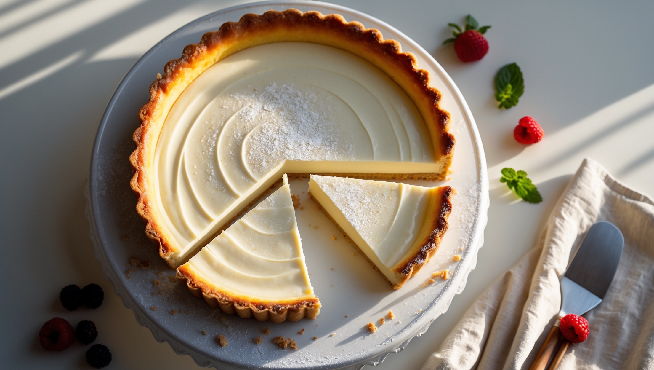 An overhead shot of a perfectly golden cream cheese tart resting on a vintage white cake stand, its smooth, slightly domed surface showing delicate caramelization at the edges. A cross-section slice reveals the contrast between the crisp, sandy-textured shortcrust pastry and the luscious, velvety cream cheese filling. Soft natural light streams across the scene, highlighting the tart's creamy ivory filling against the warm golden crust. Fresh berries and mint leaves are artfully scattered around the base of the cake stand, while a light dusting of powdered sugar catches the light like morning frost. A wooden serving spatula rests nearby on a textured linen napkin, inviting viewers to imagine serving themselves a slice.