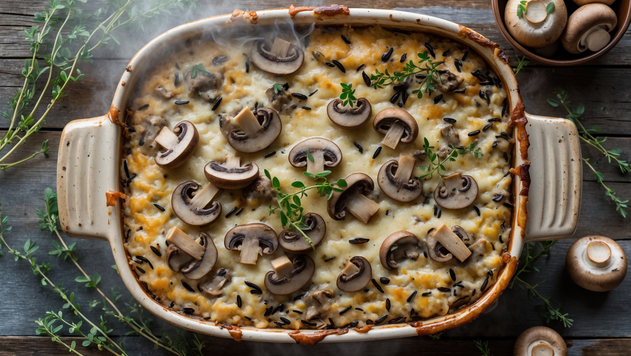 An overhead shot of a rustic ceramic baking dish filled with the Creamy Mushroom and Wild Rice Bake, steam gently rising from its golden-brown, slightly bubbling surface. Natural window light highlights the varying textures - tender wild rice grains, meaty mushroom pieces, and the creamy sauce peeking through. A cross-section reveals distinct layers where the cheese has formed a crispy top while protecting the moist, creamy interior. Fresh thyme sprigs and a small bowl of extra mushrooms sit alongside the dish on a weathered wooden table, with scattered herbs adding vibrant green accents against the earthy tones of the bake.