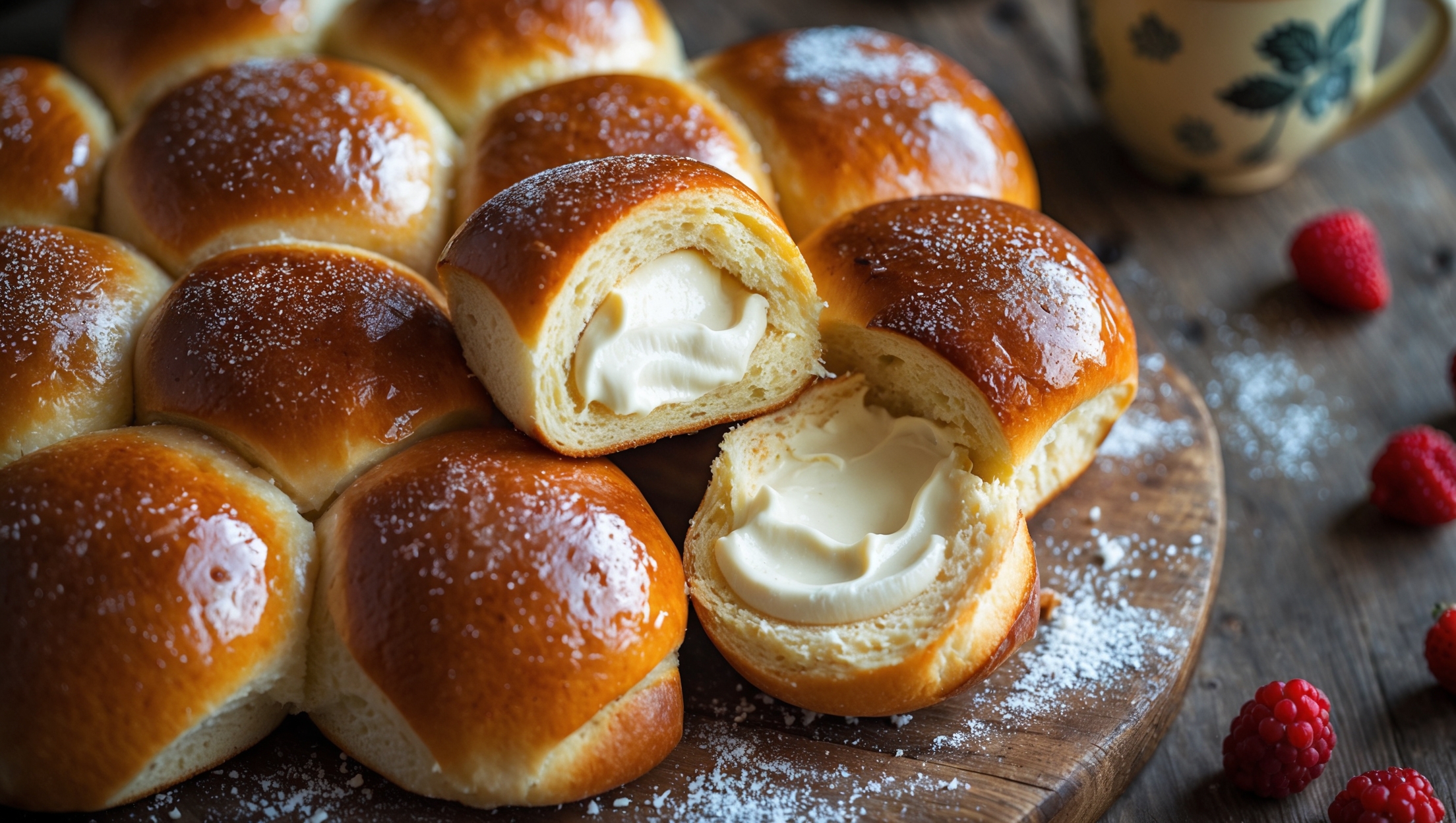 Overhead shot of golden-brown buns arranged on a rustic wooden board, with one bun torn open to reveal the luscious cream cheese filling oozing slightly from the center. The cross-section displays a perfect contrast between the fluffy, pull-apart bread texture and the smooth, rich filling. Soft natural light highlights the glossy egg-washed tops, while a light dusting of powdered sugar creates delicate visual appeal. In the background, a vintage ceramic mug of coffee and scattered fresh berries complement the warm tones of the freshly baked buns.