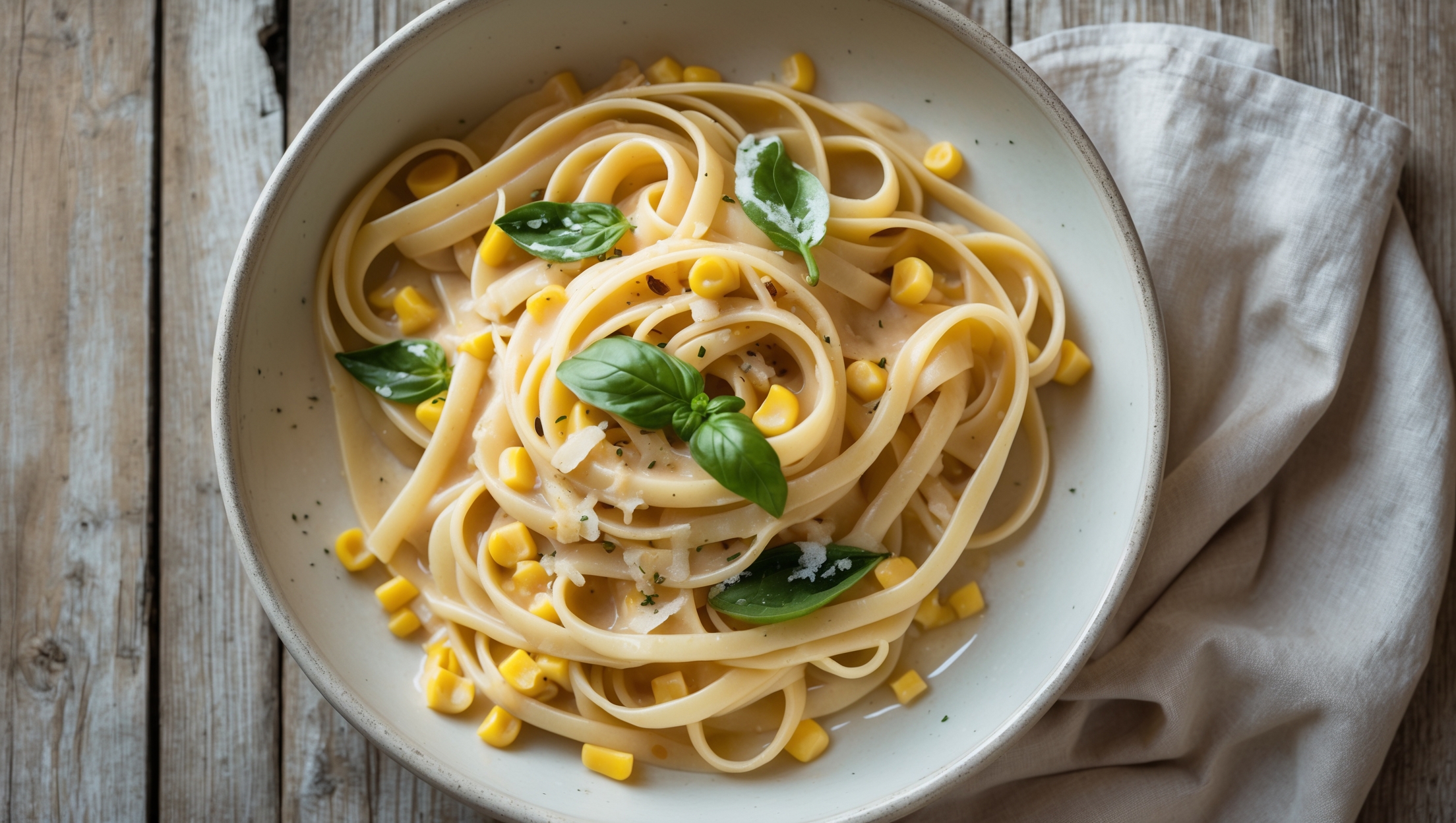 An overhead shot of a shallow white ceramic bowl filled with glossy fettuccine coated in a pale golden corn cream sauce. Fresh corn kernels glisten throughout the pasta, while flecks of fresh basil and cracked black pepper provide vibrant contrast. A light dusting of finely grated Parmesan melts slightly into the warm sauce, creating little pools of umami richness. The pasta is styled with a casual twist nestled in the center, suggesting the perfect twirl for a forkful. A weathered wooden table and linen napkin provide rustic framing, while soft natural light catches the silky sheen of the sauce, highlighting its creamy texture.