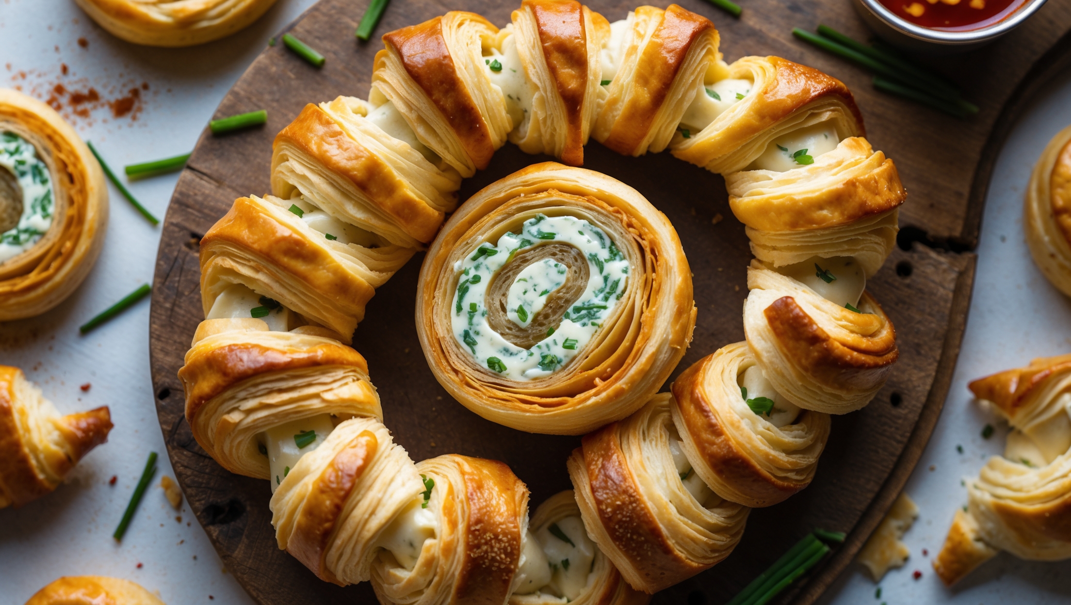 Overhead shot of golden-brown cream cheese pinwheels arranged in a spiral pattern on a rustic wooden serving board, with several cut in half to reveal the swirled cream cheese filling. The pastries glisten under soft natural light, highlighting their flaky, buttery layers and the herb-speckled cream cheese filling. A small ramekin of sweet chili dipping sauce sits nearby, with fresh chives and a light dusting of paprika scattered across the scene. The warm amber tones of the baked pastry contrast beautifully with the creamy white filling, while crumbs on the board hint at their delicate, shattering texture.