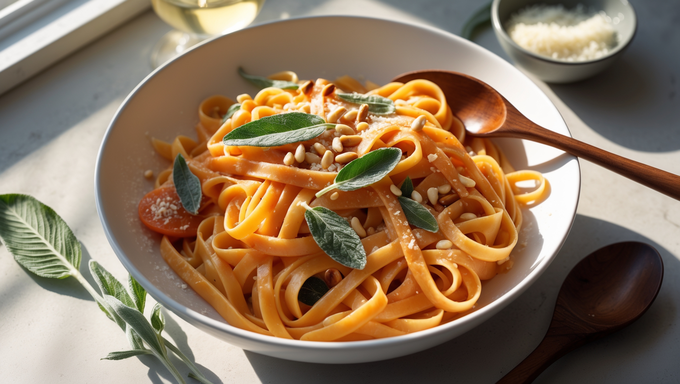 An overhead shot of al dente fettuccine coated in a glossy, vibrant orange butternut squash sauce, served in a shallow white bowl. The pasta is garnished with fresh sage leaves, toasted pine nuts, and a light dusting of Parmesan cheese that's just beginning to melt. A wooden serving spoon rests beside the bowl, with delicate strands of pasta wrapped around its edge. The scene is bathed in soft natural light from a nearby window, highlighting the creamy texture of the sauce and creating shadows that add depth to the composition. In the background, a small bowl of grated Parmesan and a sprig of sage sit alongside a glass of white wine, suggesting a cozy autumn dinner setting.