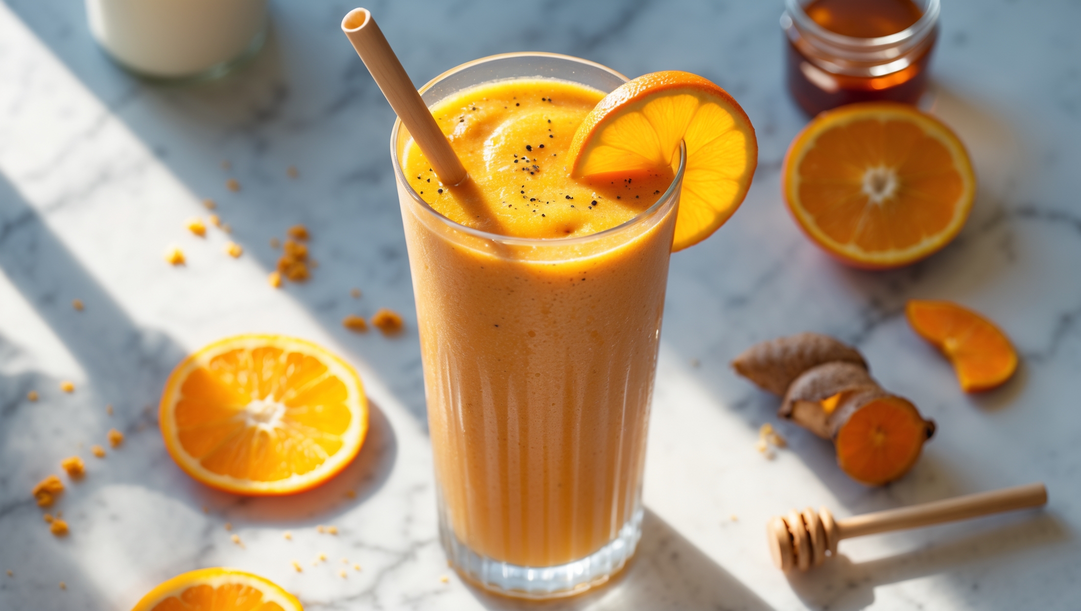 An overhead shot of a tall, frosted glass filled with a vibrant orange-golden smoothie, its rich color gradient visible through transparent glass. A bamboo straw stands at an angle, surrounded by scattered ingredients — bright orange slices, turmeric root, and banana pieces on a light marble countertop. The morning sunlight streams across the scene, highlighting the smoothie's silky texture and tiny specks of black pepper. A small jar of honey with a wooden dipper sits nearby, complementing the natural styling of this wholesome, sunshine-inspired smoothie.
