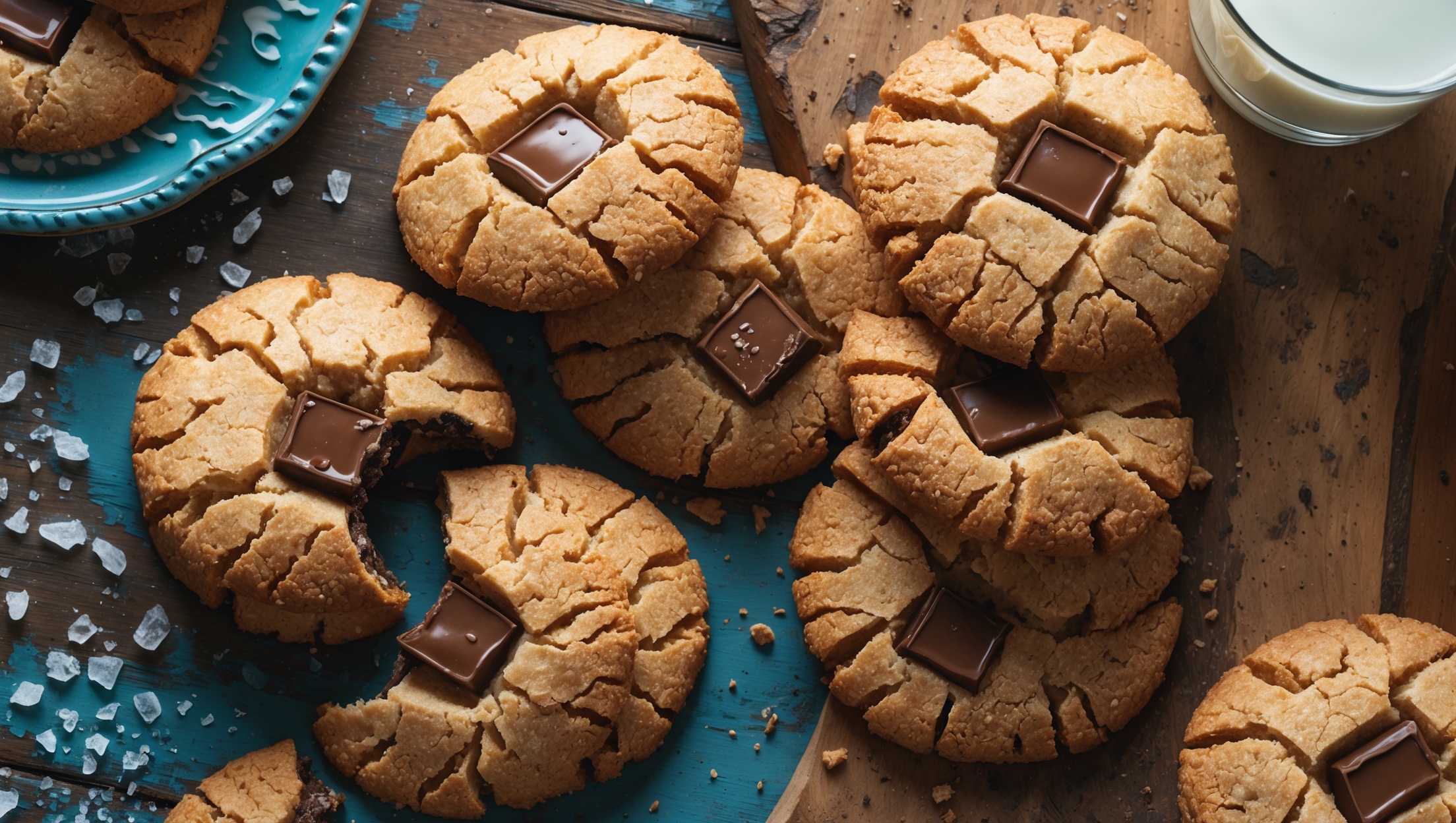 Overhead shot of golden-brown cookies with crackled tops arranged in a casual spiral pattern on a weathered wooden board, with a few cookies broken to reveal melty chocolate chunks. Shot in soft natural light that highlights the crisp, textured edges and glossy chocolate pockets. A vintage blue ceramic plate holds a small stack of cookies in the corner, while scattered sea salt flakes and a glass of milk create context. Close-up details capture the caramelized sugar crystals along the edges and the contrast between the crisp exterior and the chocolate chunks, with warm amber tones dominating the composition.
